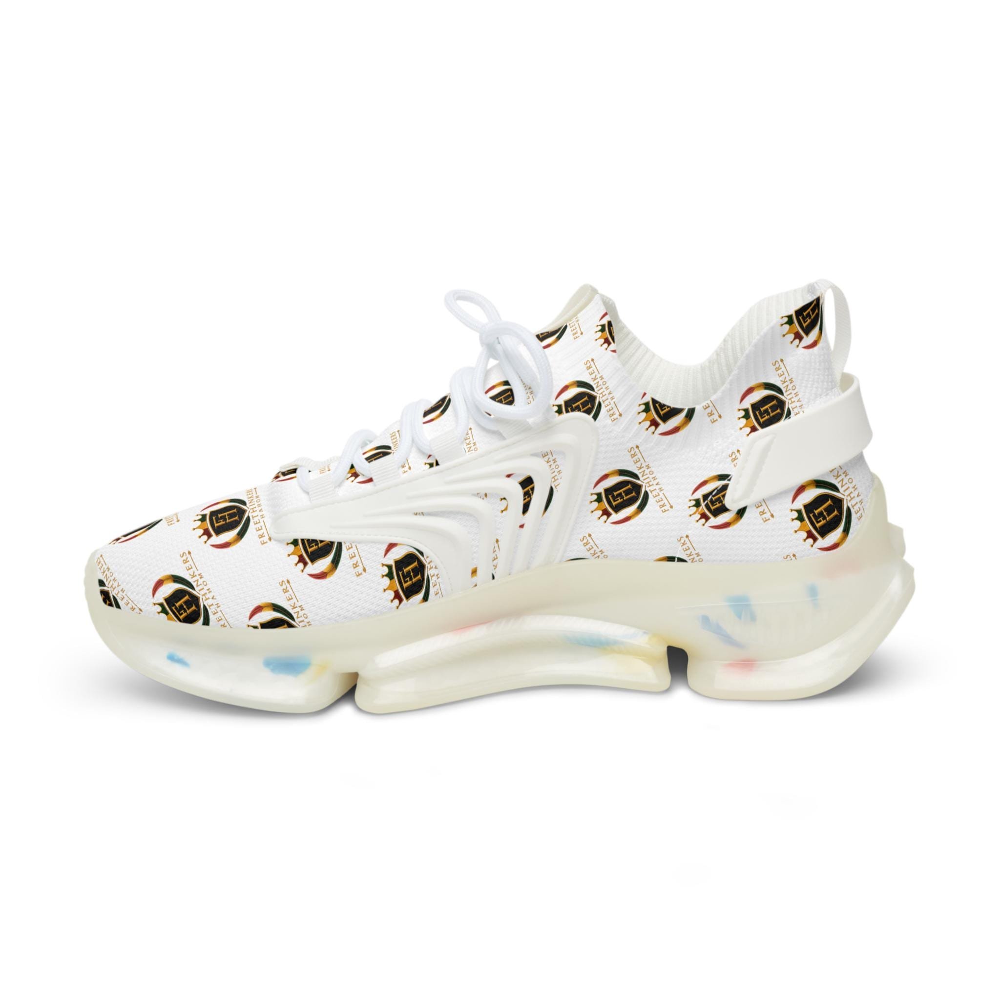 Men's Mesh Sneakers — White Crest Pattern Athletic Shoes, view 6