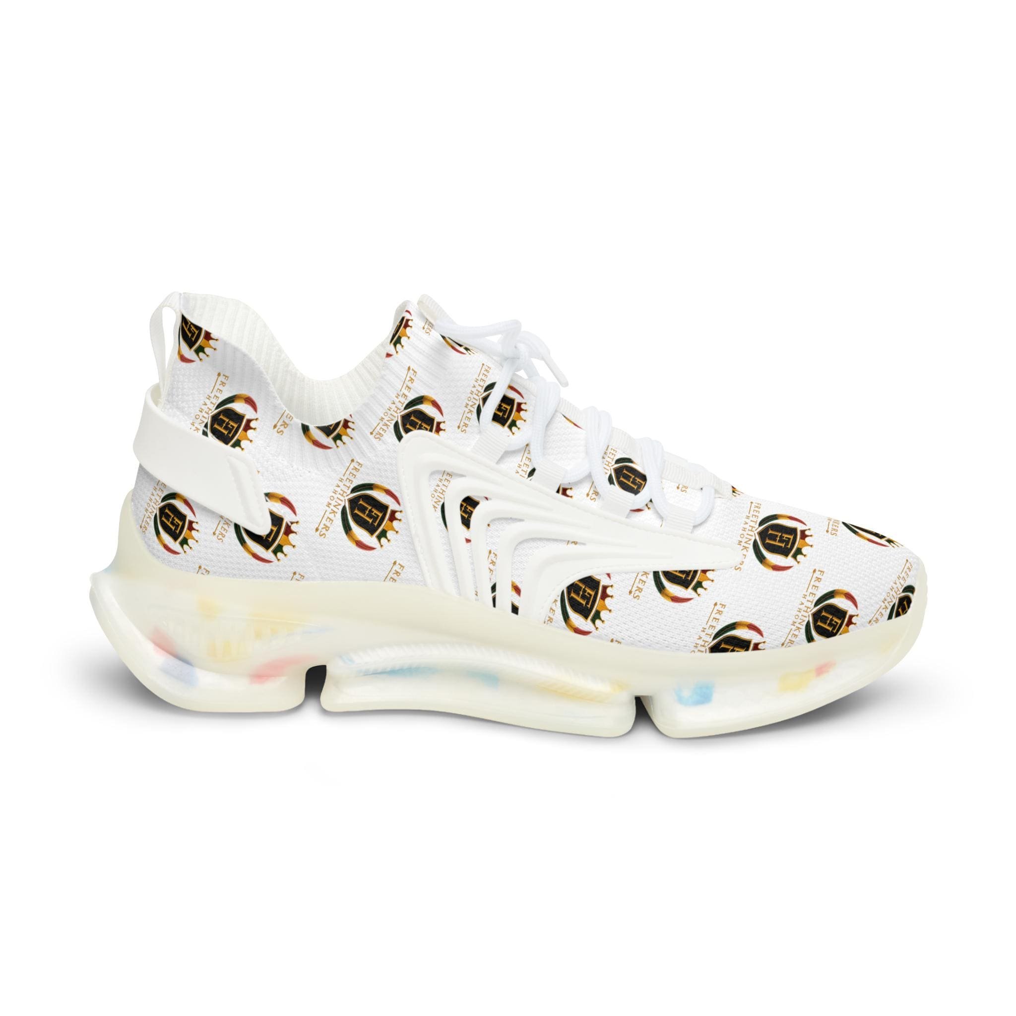 Men's Mesh Sneakers — White Crest Pattern Athletic Shoes, view 7