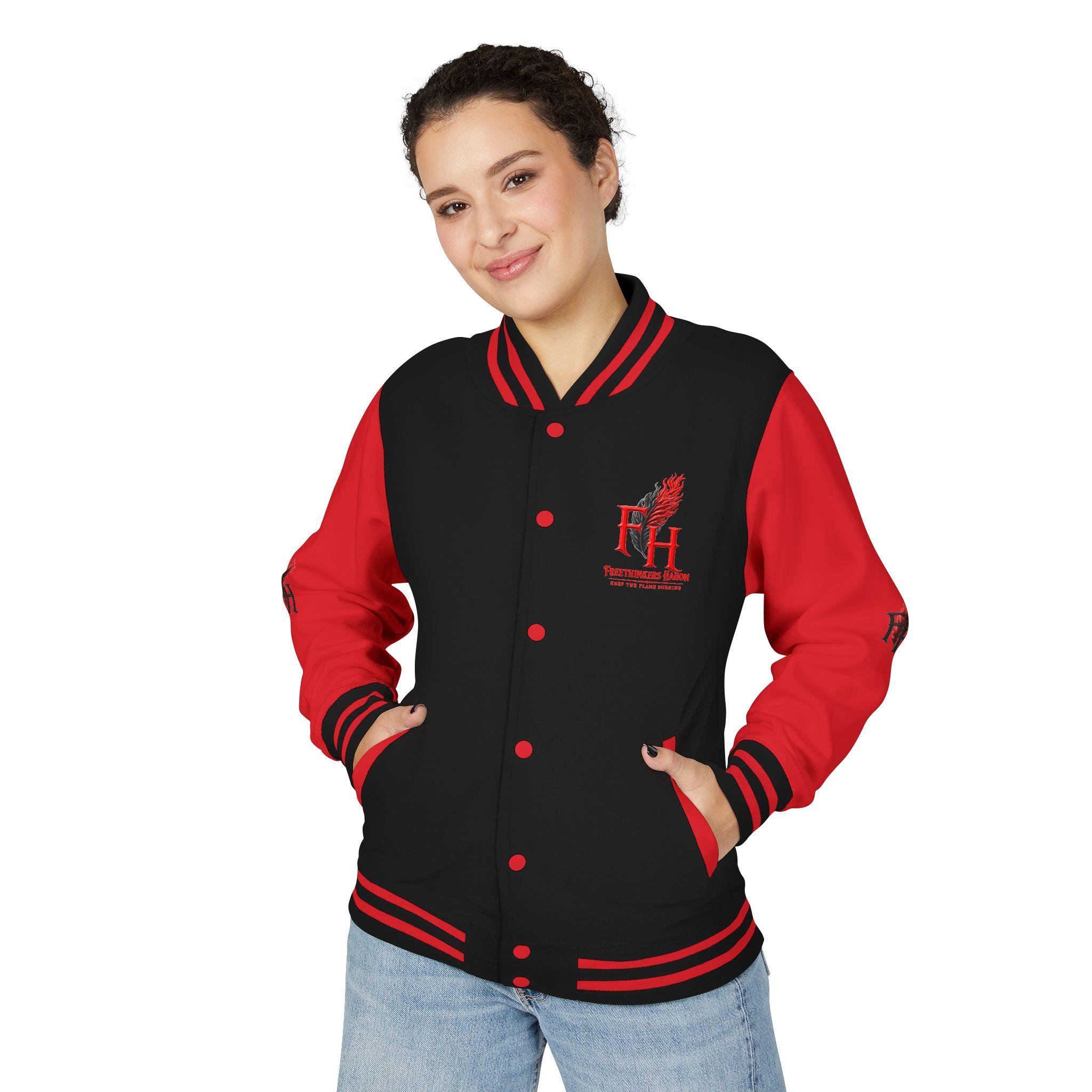 Flame Feather FH Logo Letterman Jacket | Red Black Varsity Jacket, view 3