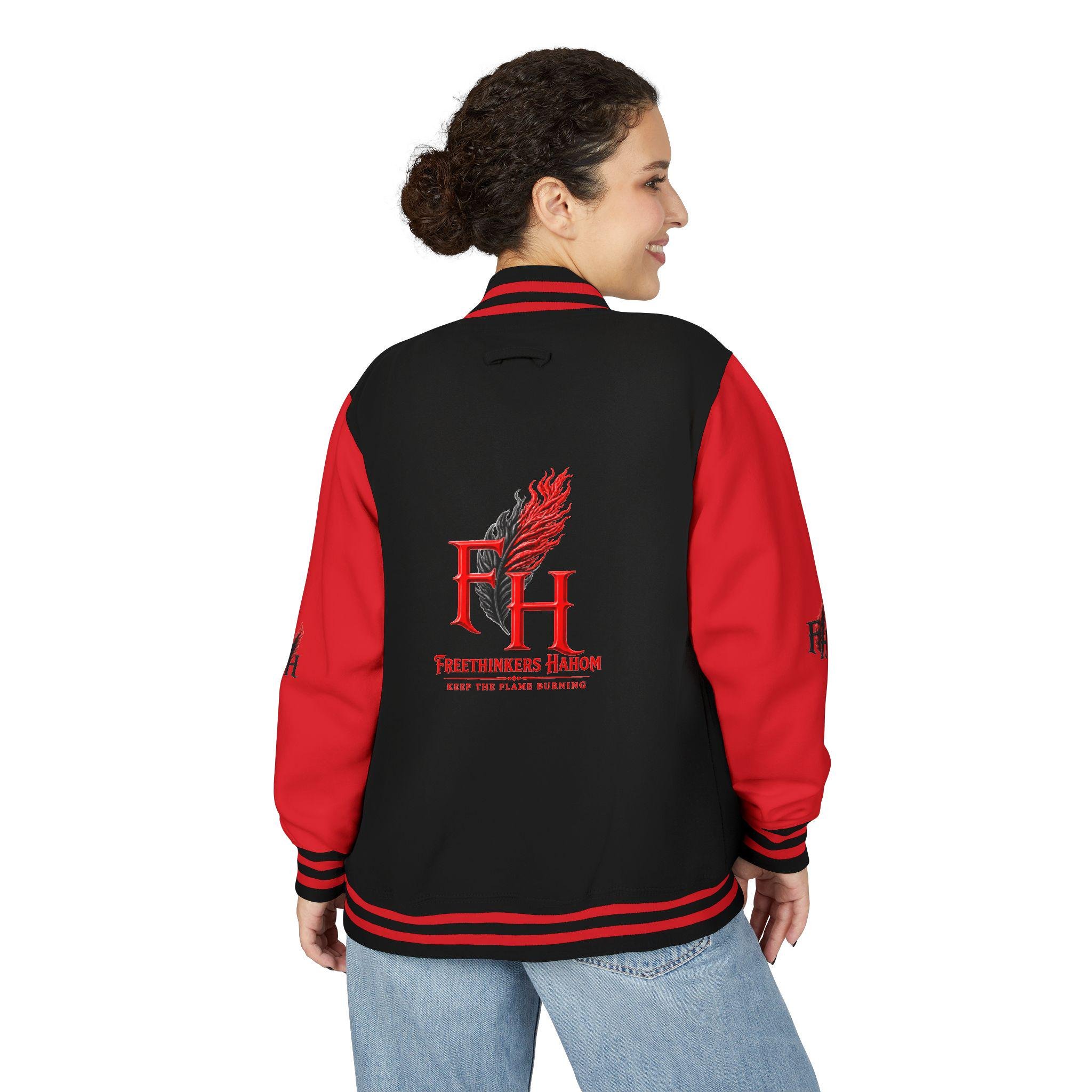 Flame Feather FH Logo Letterman Jacket | Red Black Varsity Jacket, view 4