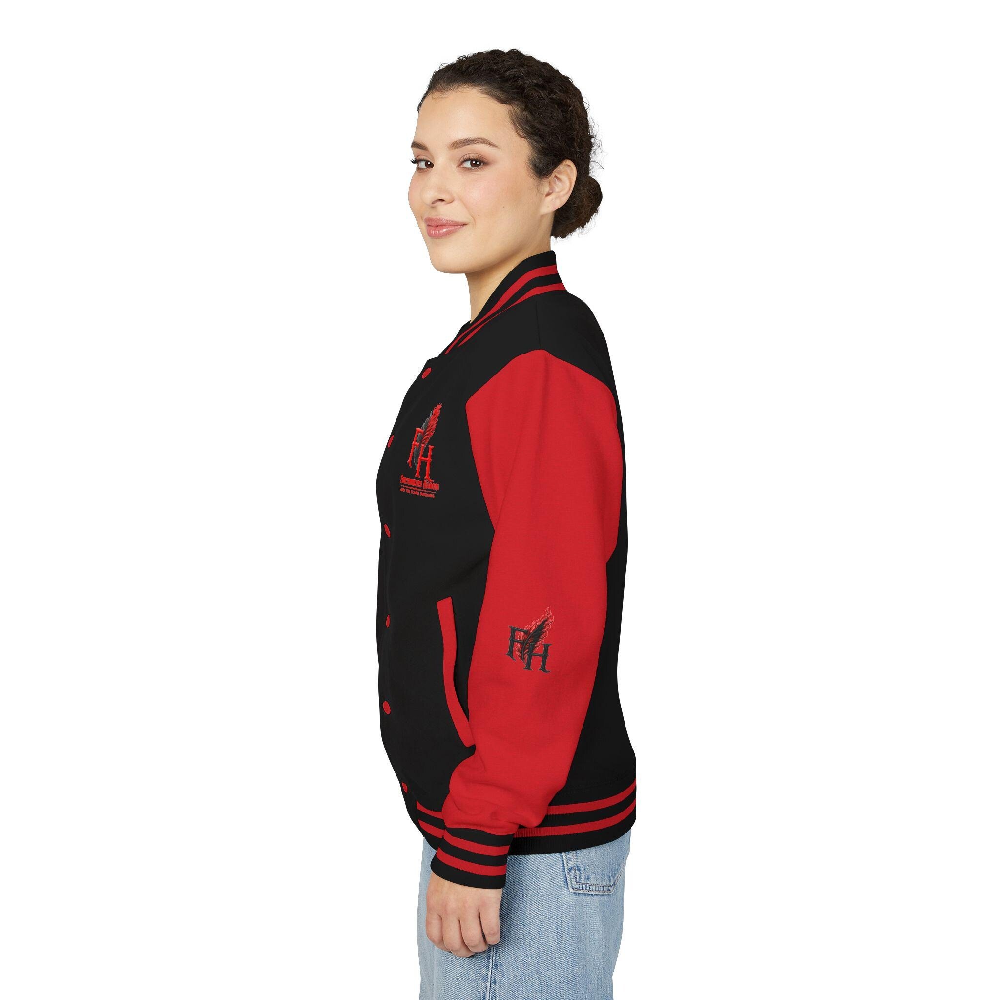 Flame Feather FH Logo Letterman Jacket | Red Black Varsity Jacket, view 5