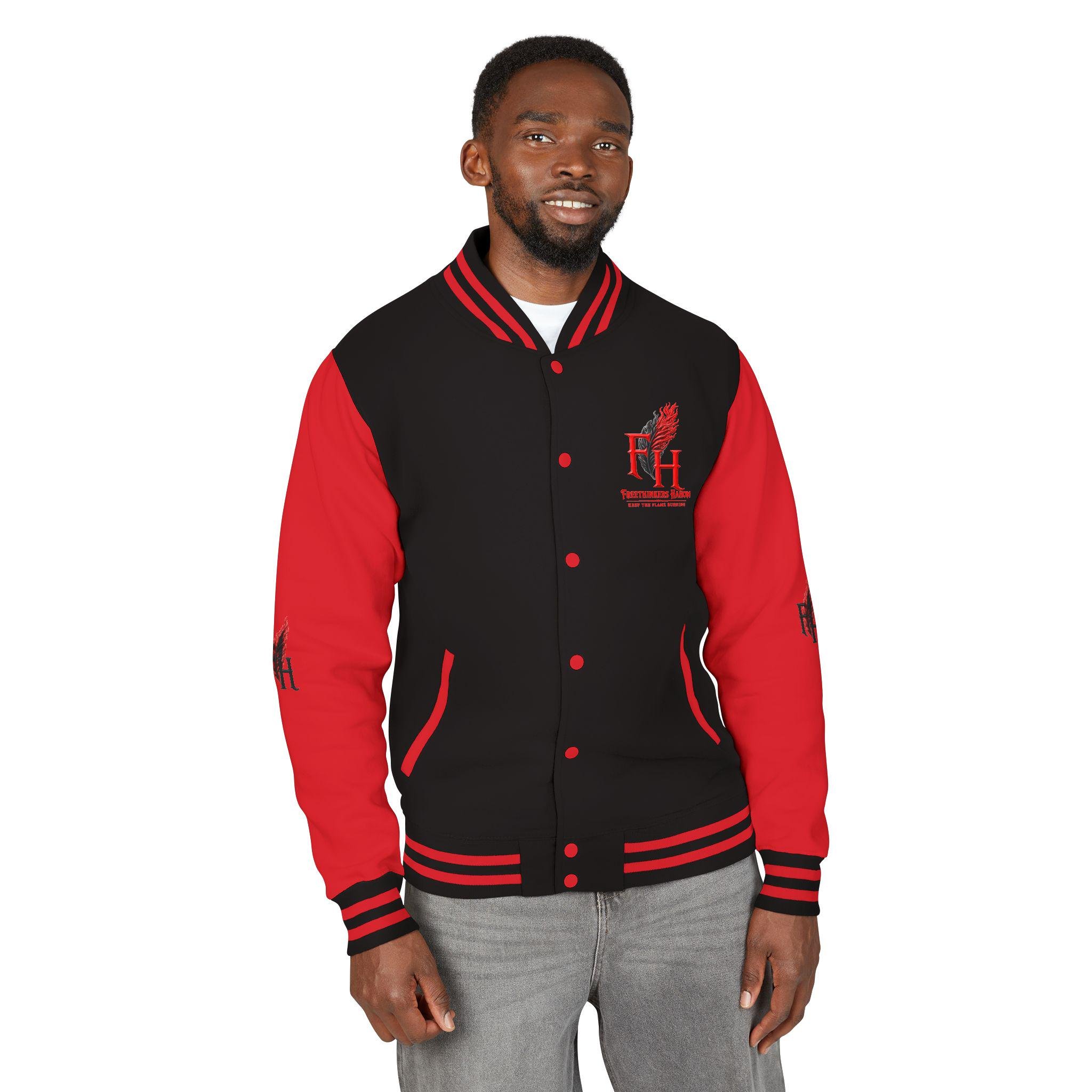 Flame Feather FH Logo Letterman Jacket | Red Black Varsity Jacket, view 6