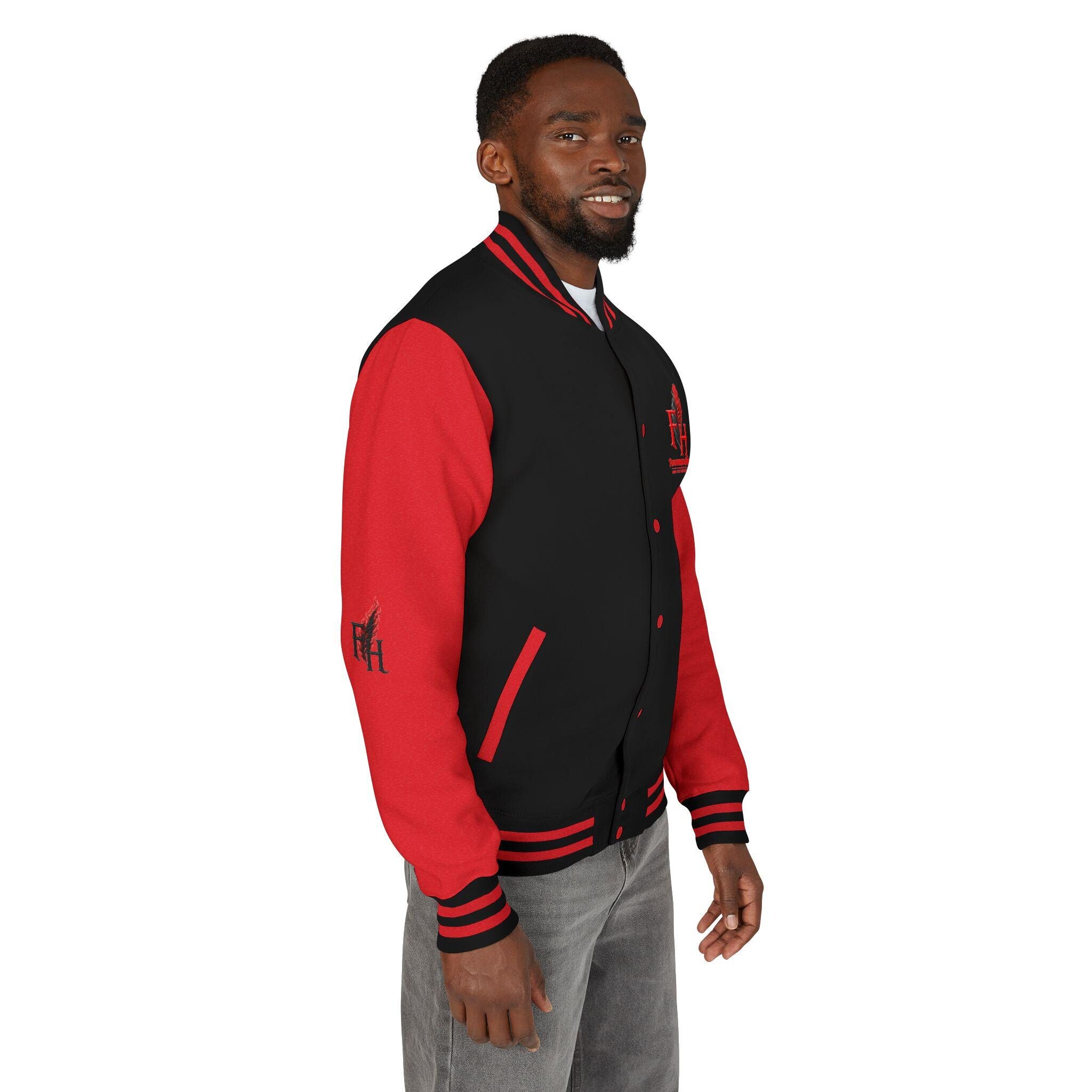 Flame Feather FH Logo Letterman Jacket | Red Black Varsity Jacket, view 7