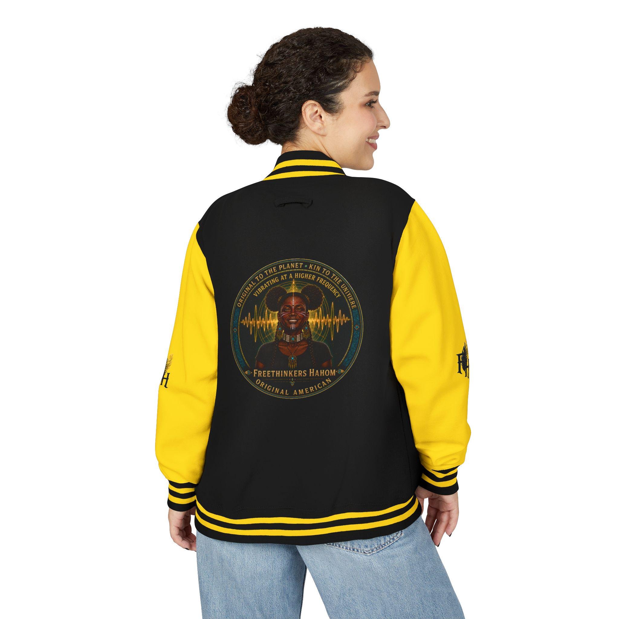 Freethinkers Hahom American Matriarch Logo Letterman Jacket | Black Yellow, view 4