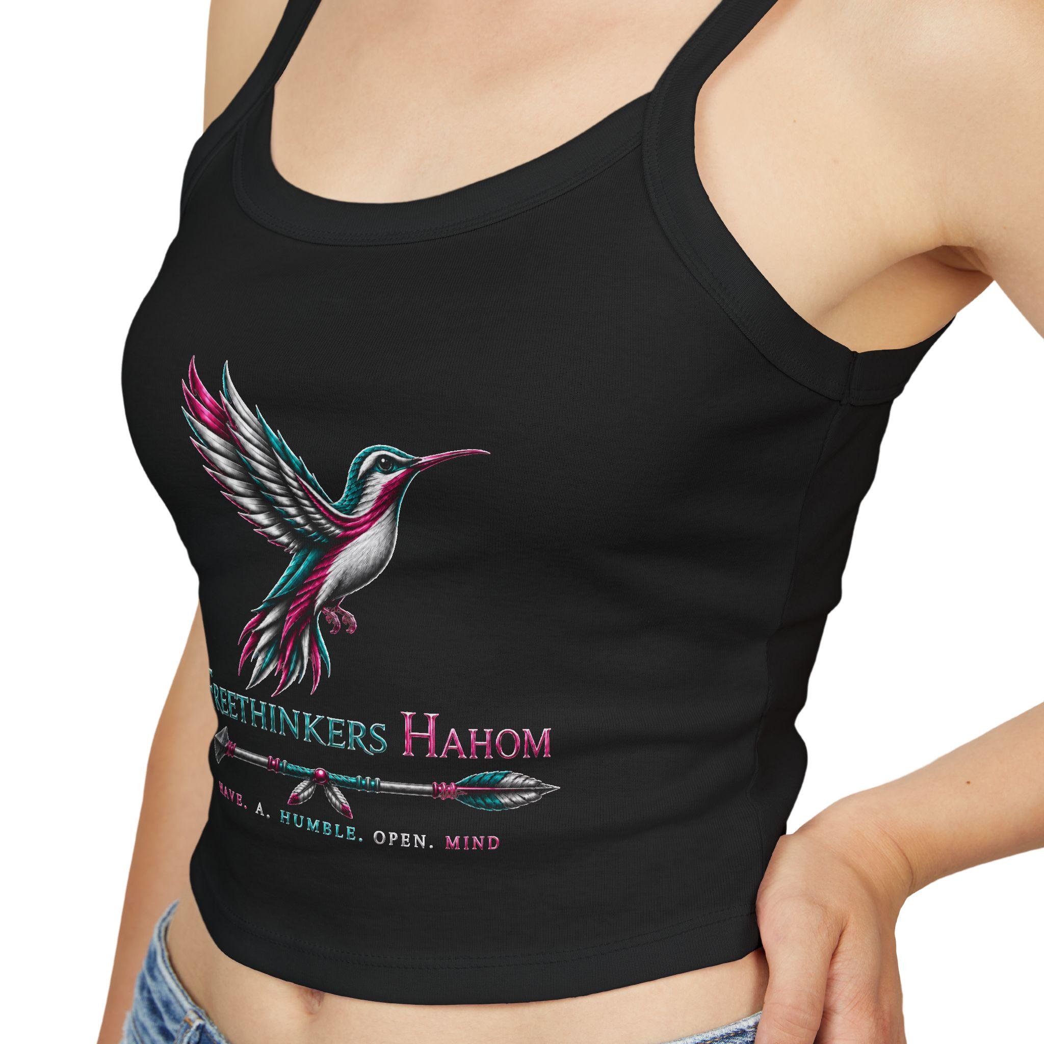 Hummingbird Graphic Tank Top | Freethinkers Hahom Text, Feather Illustration, view 2
