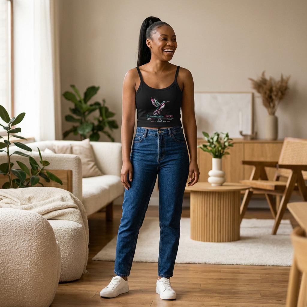 Hummingbird Graphic Tank Top | Freethinkers Hahom Text, Feather Illustration, view 3