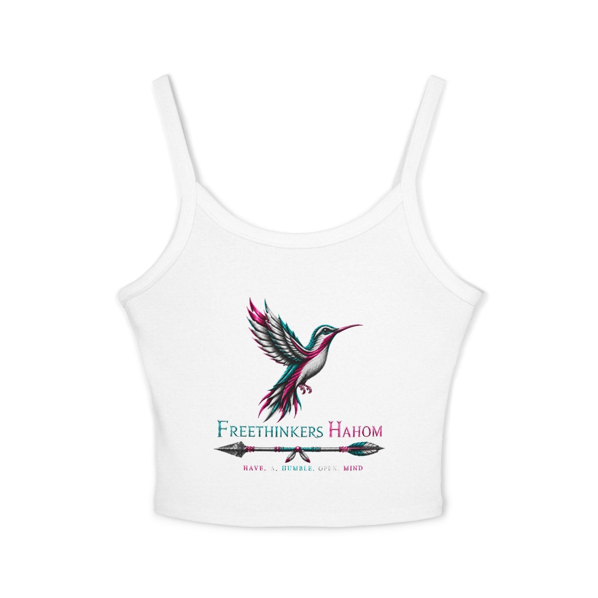 Hummingbird Graphic Tank Top | Freethinkers Hahom Text, Feather Illustration, view 5