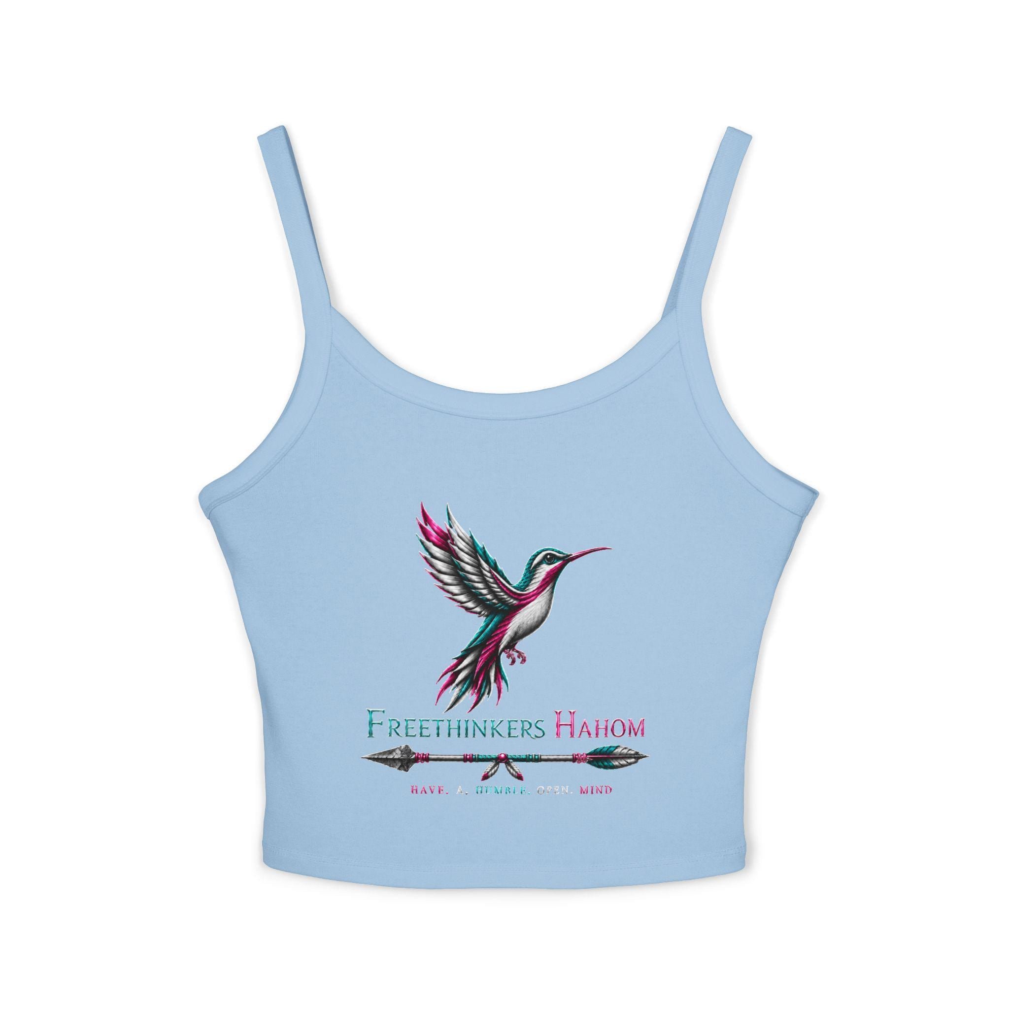 Hummingbird Graphic Tank Top | Freethinkers Hahom Text, Feather Illustration, view 7