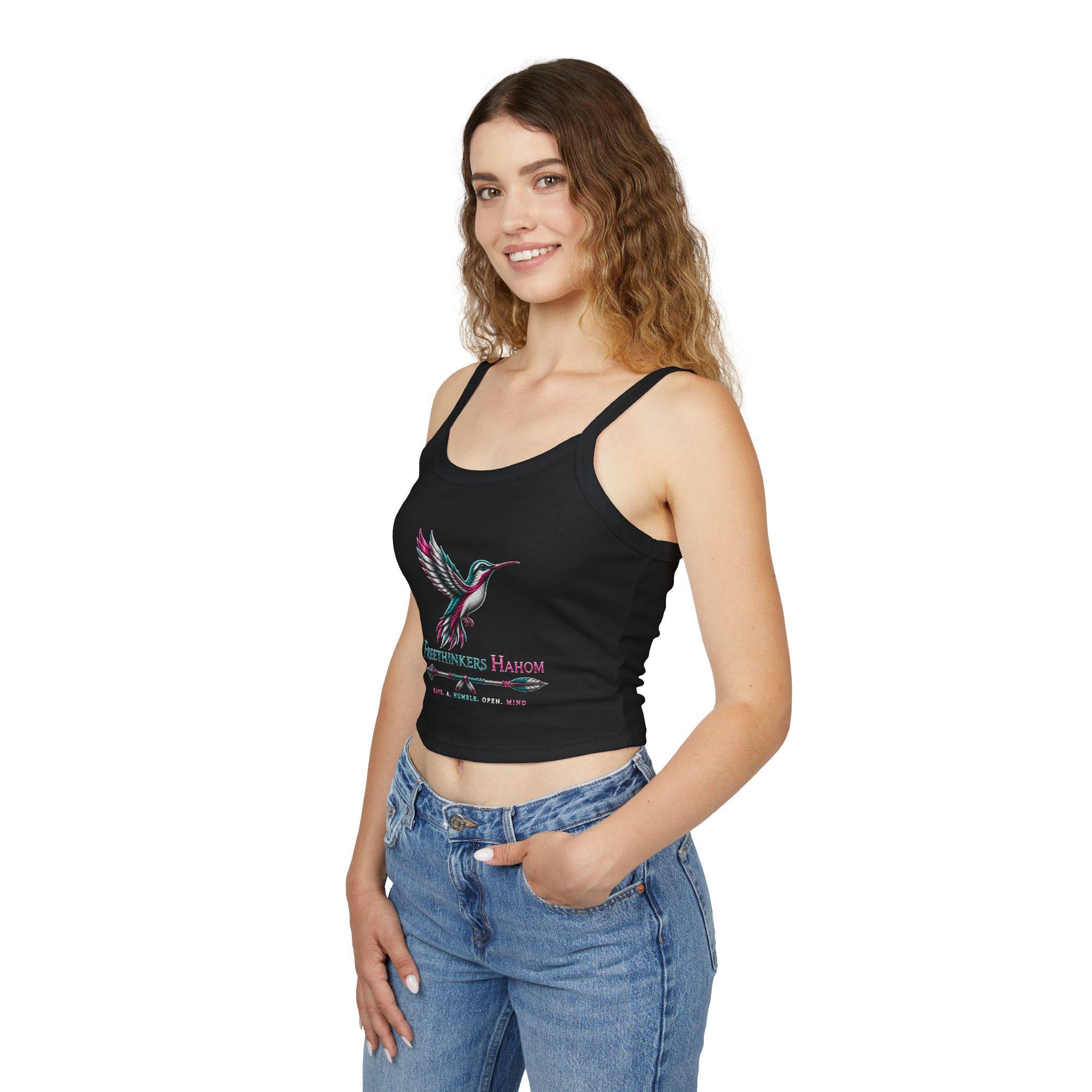 Hummingbird Graphic Tank Top | Freethinkers Hahom Text, Feather Illustration, view 9