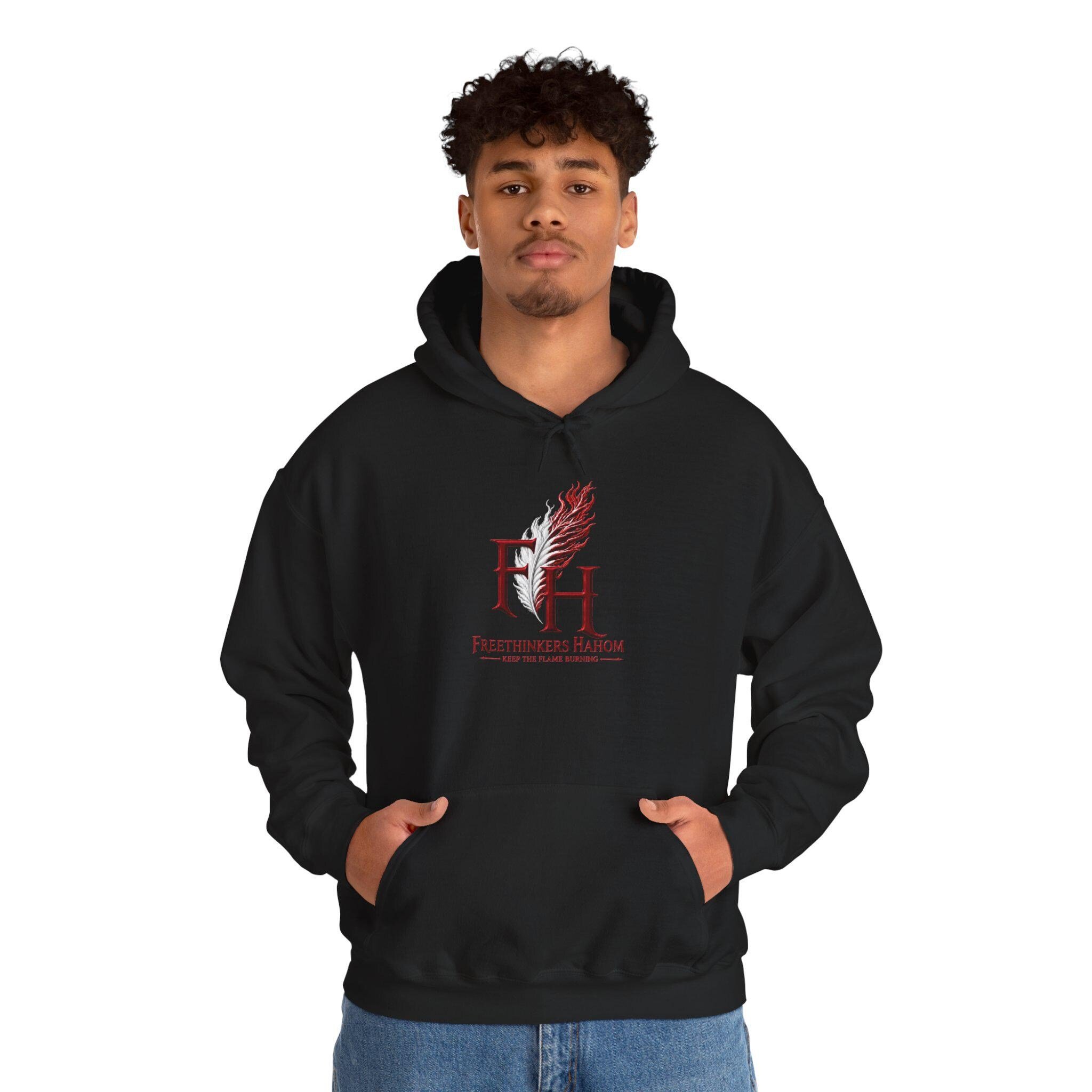 FreeThinkers Hahom feather logo Hoodie | FH literary emblem, minimalist design, view 14