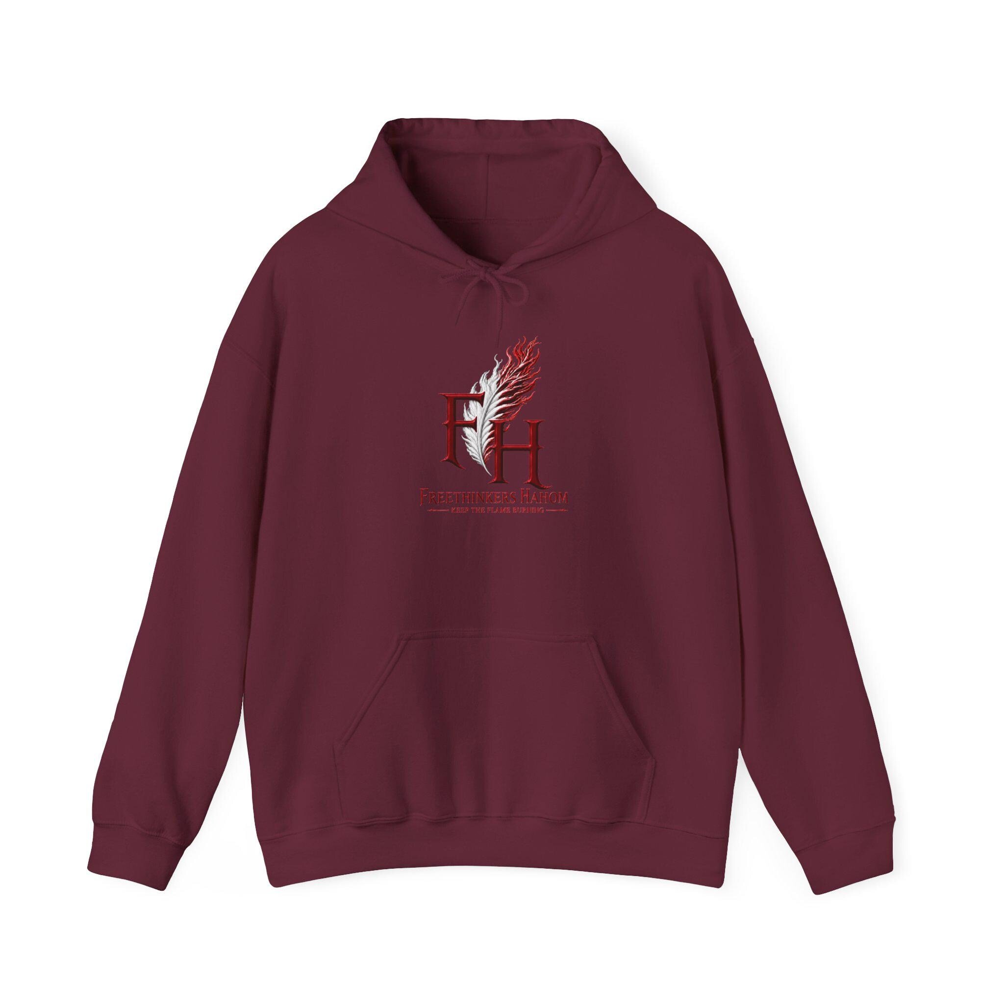 FreeThinkers Hahom feather logo Hoodie | FH literary emblem, minimalist design, view 3