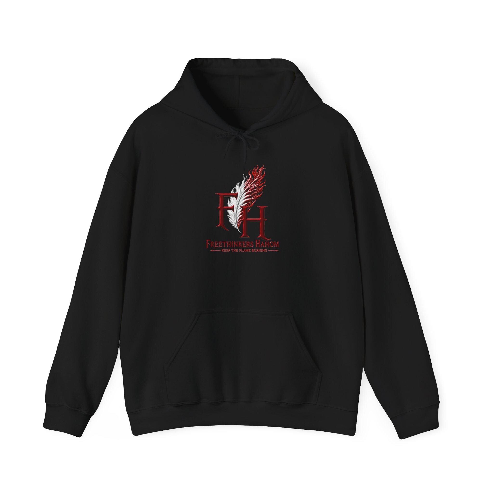 FreeThinkers Hahom feather logo Hoodie | FH literary emblem, minimalist design, view 4