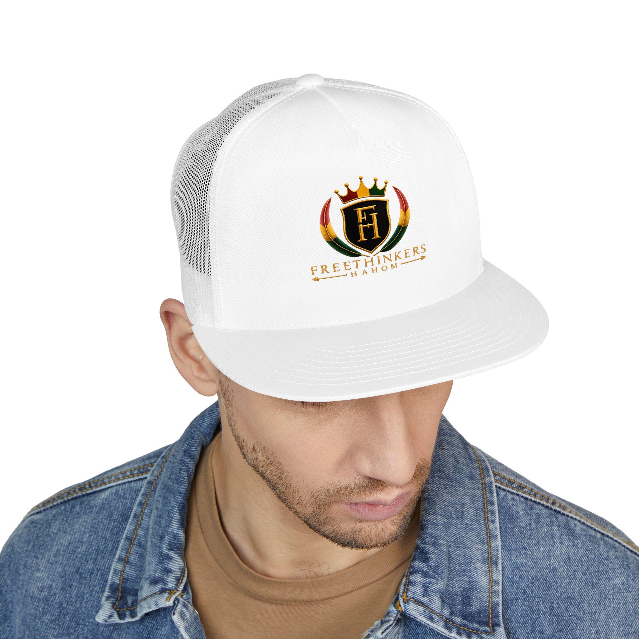 Freethinkers Hahom Trucker Cap — Crown crest Logo Mesh 5-Panel Hat, view 3