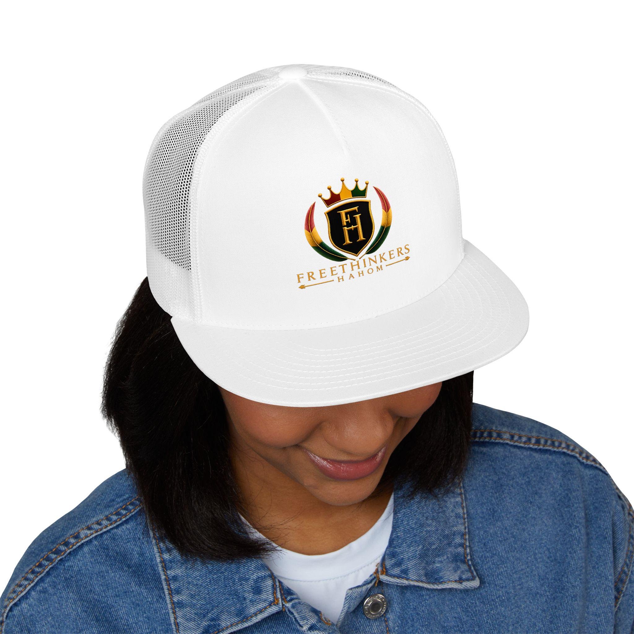 Freethinkers Hahom Trucker Cap — Crown crest Logo Mesh 5-Panel Hat, view 5