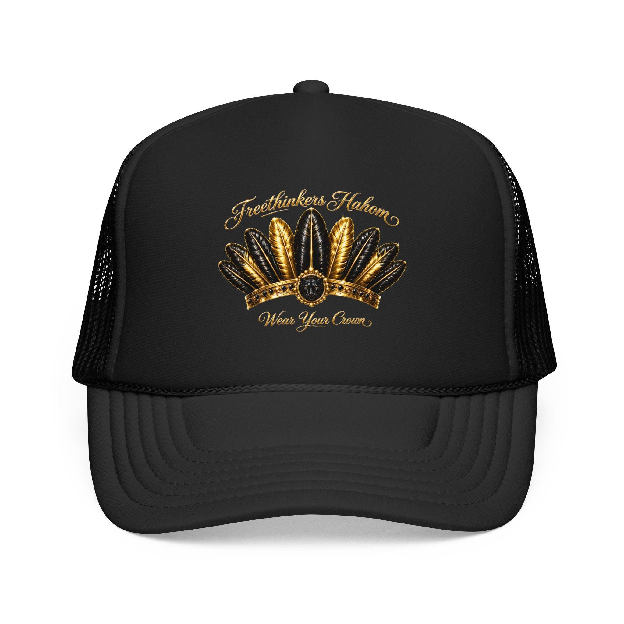 Golden Feather Crown Foam Trucker Hat Embroidered Native Headdress Design