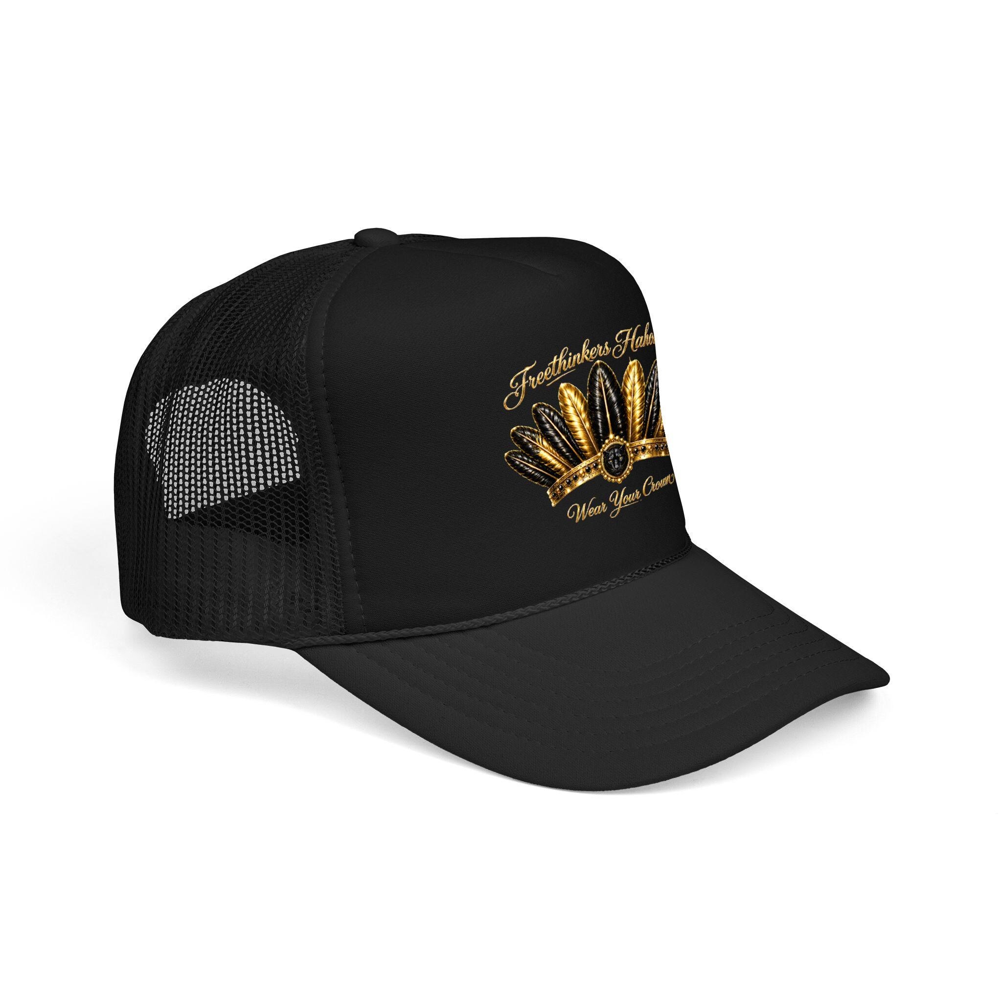 Golden Feather Crown Foam Trucker Hat Embroidered Native Headdress Design, view 2