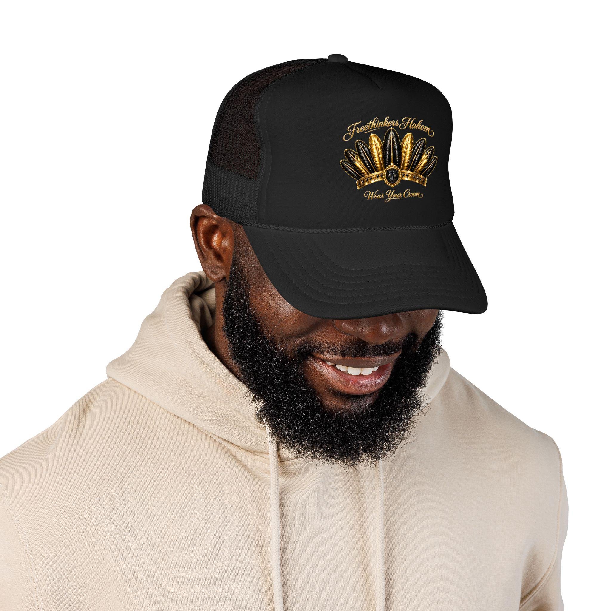 Golden Feather Crown Foam Trucker Hat Embroidered Native Headdress Design, view 3