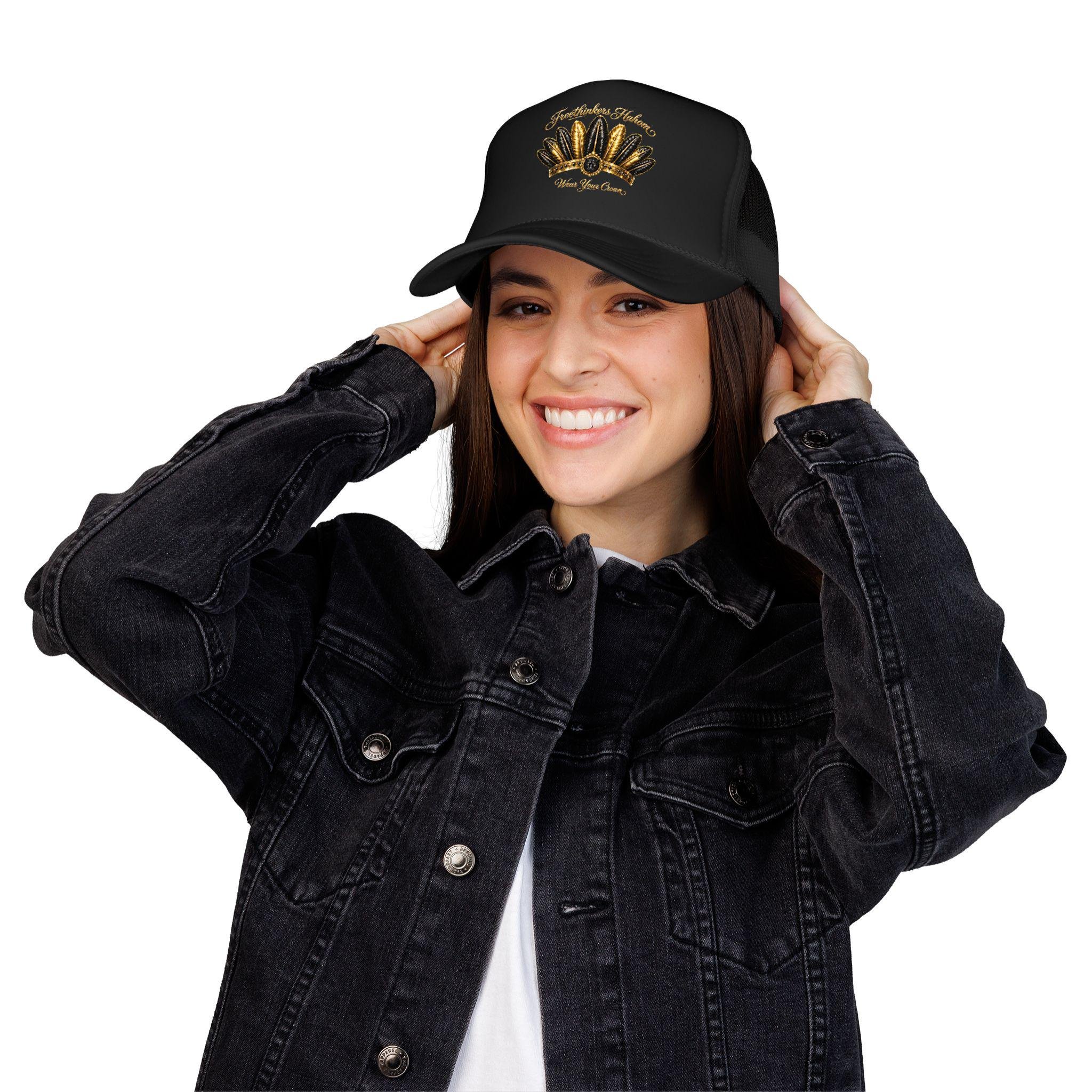 Golden Feather Crown Foam Trucker Hat Embroidered Native Headdress Design, view 5