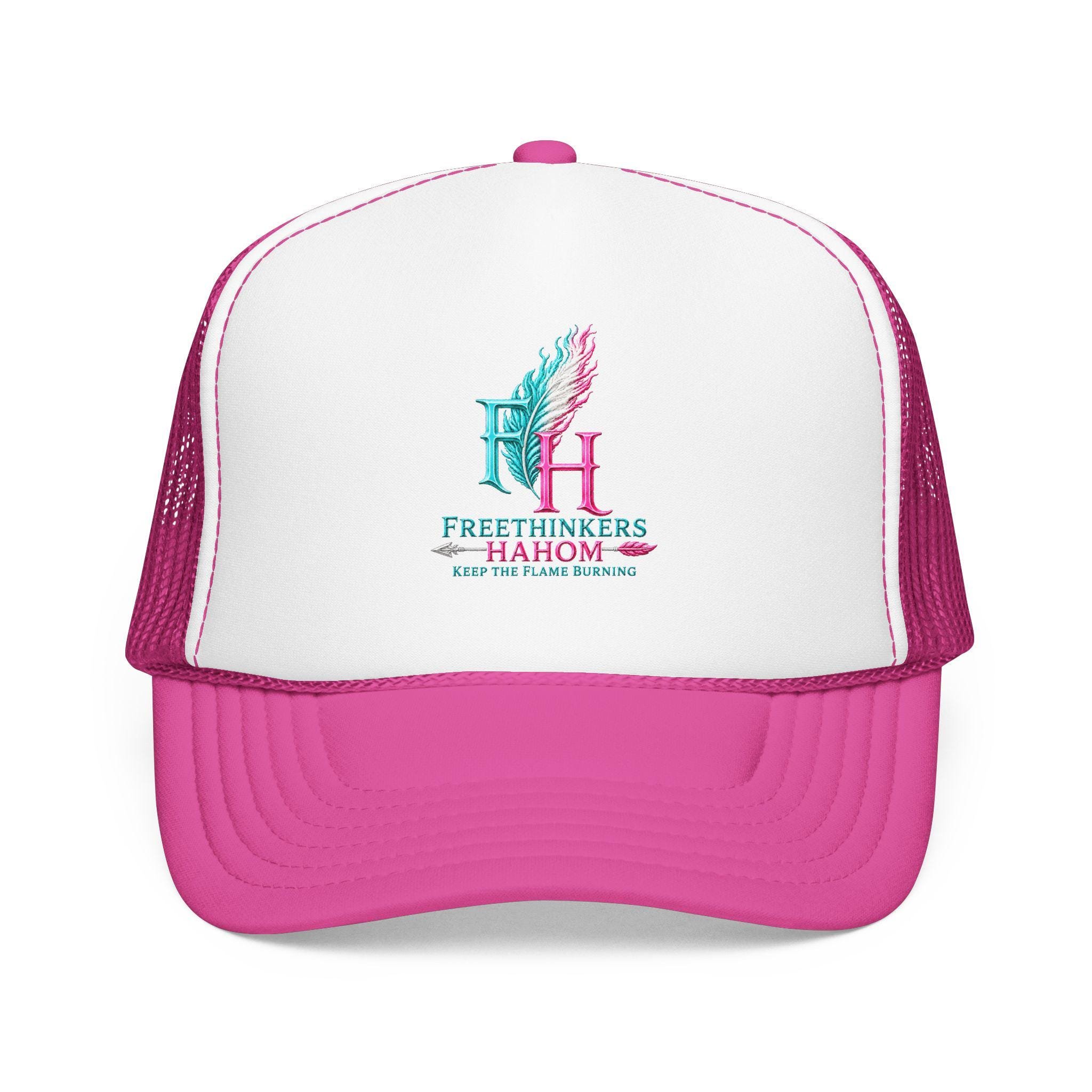 FreeThinkers HAHOM Feather Flame Logo Foam Trucker Hat | Pink White Mesh