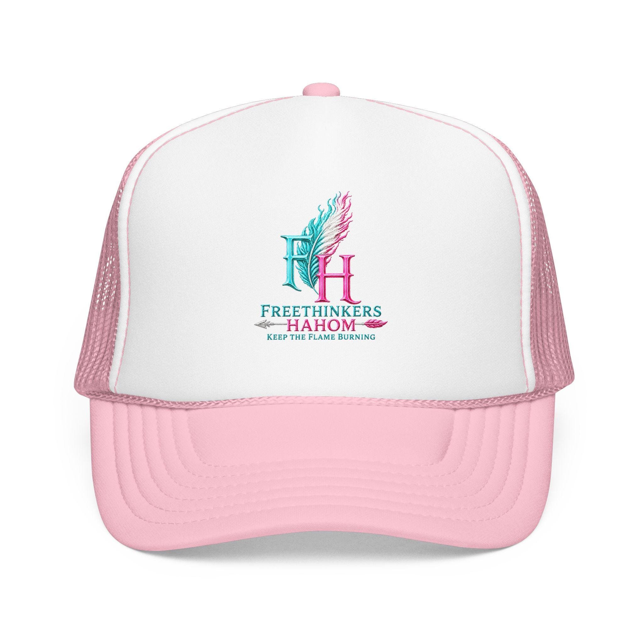 FreeThinkers HAHOM Feather Flame Logo Foam Trucker Hat | Pink White Mesh, view 13