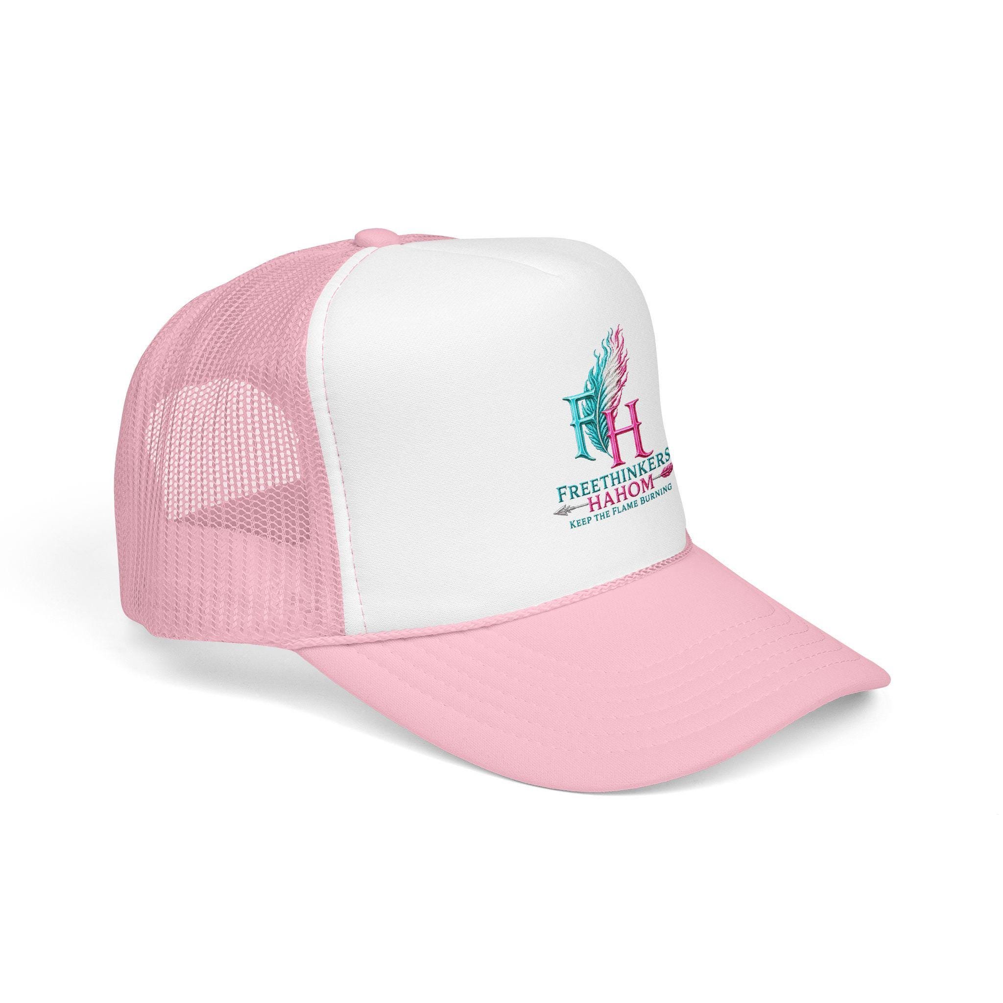 FreeThinkers HAHOM Feather Flame Logo Foam Trucker Hat | Pink White Mesh, view 14