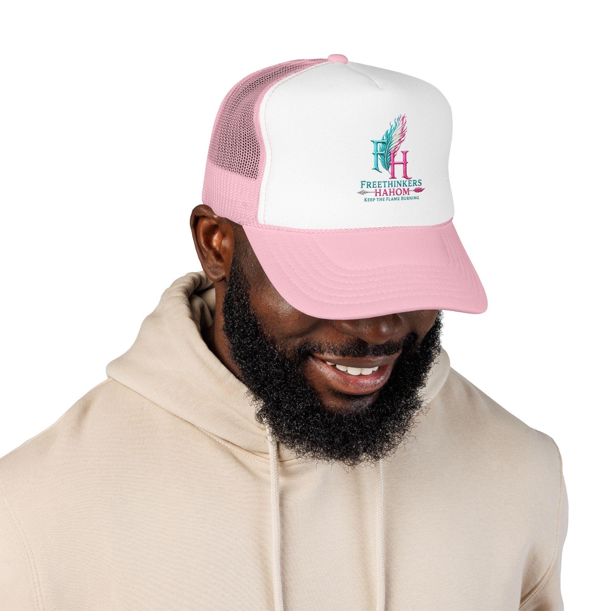 FreeThinkers HAHOM Feather Flame Logo Foam Trucker Hat | Pink White Mesh, view 15