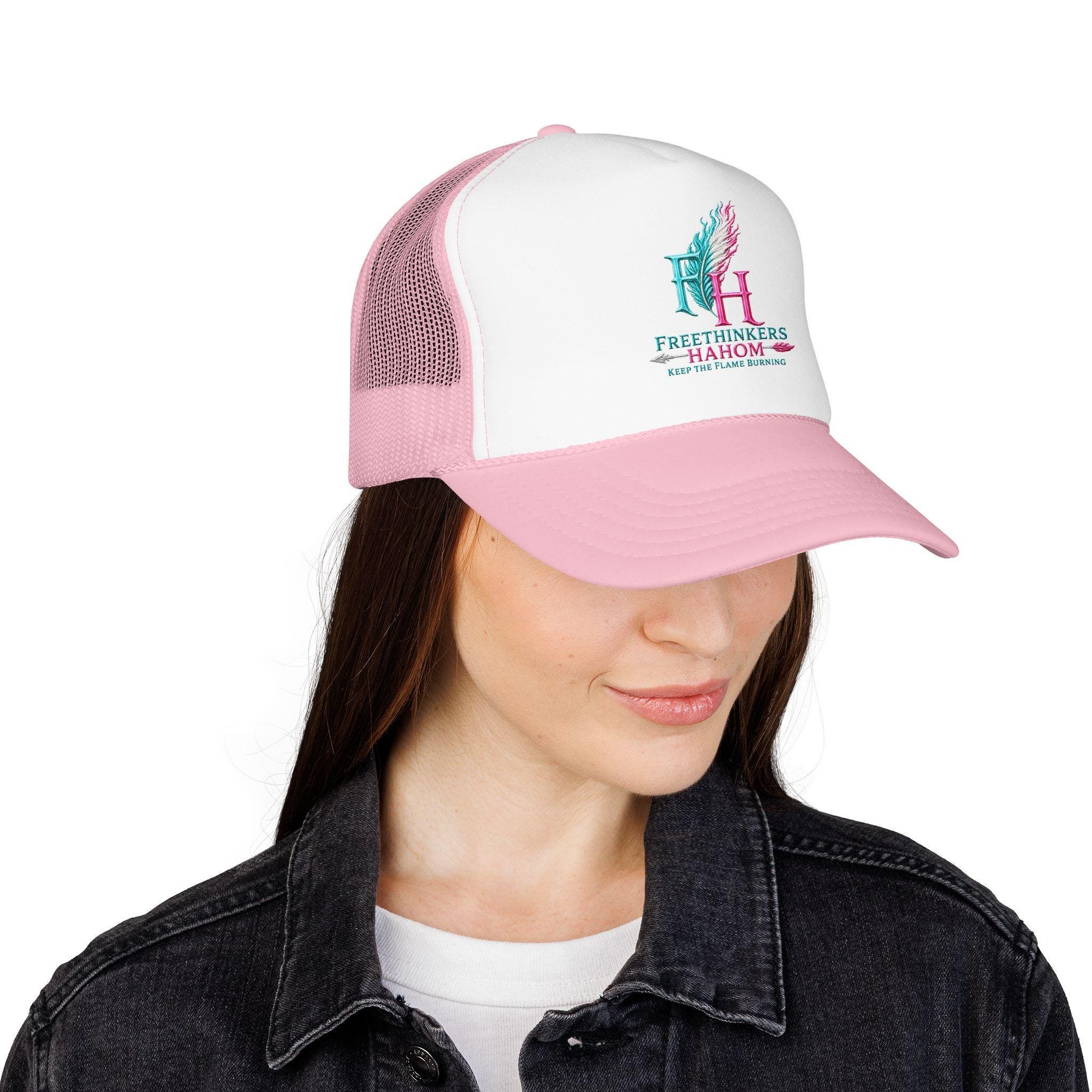 FreeThinkers HAHOM Feather Flame Logo Foam Trucker Hat | Pink White Mesh, view 16