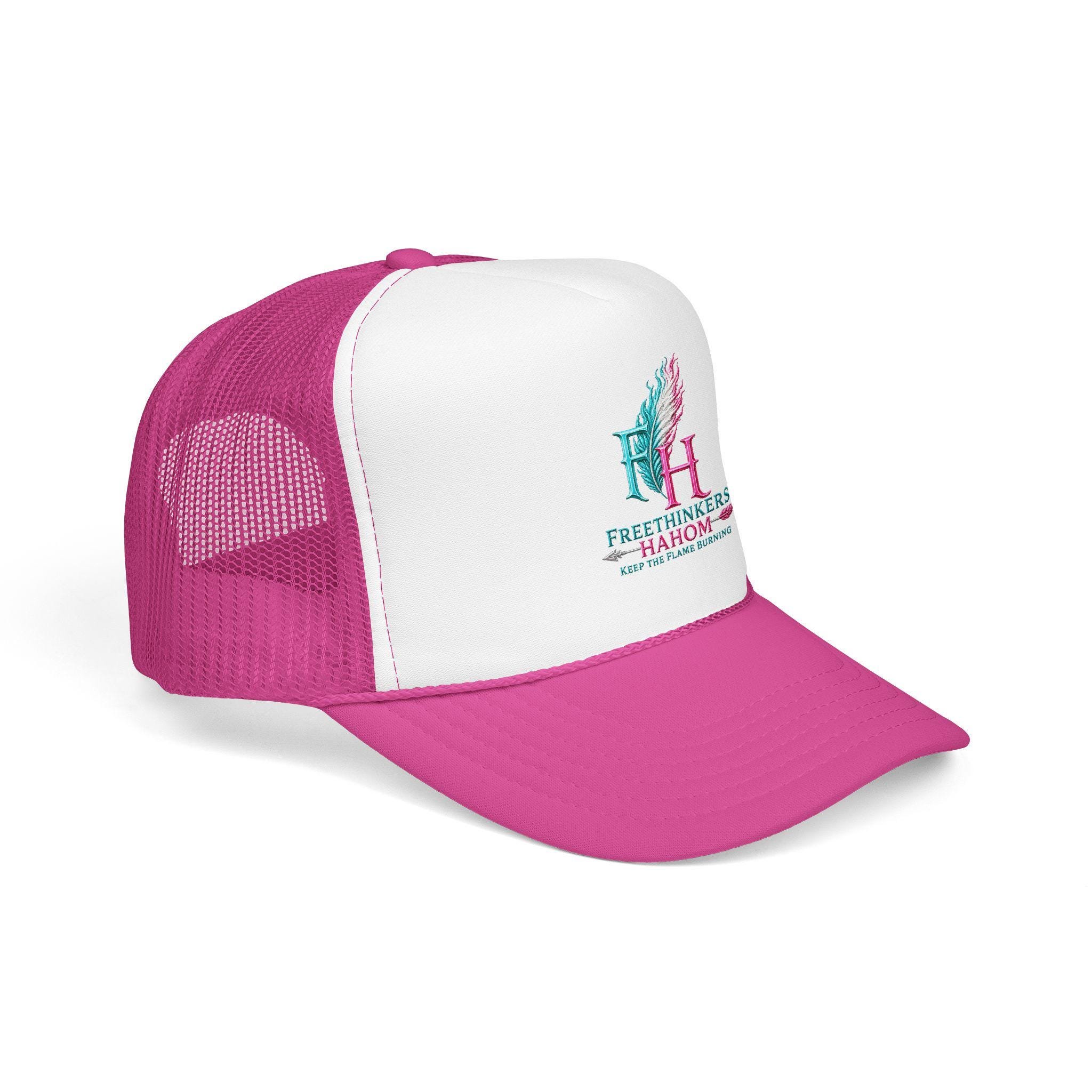 FreeThinkers HAHOM Feather Flame Logo Foam Trucker Hat | Pink White Mesh, view 2