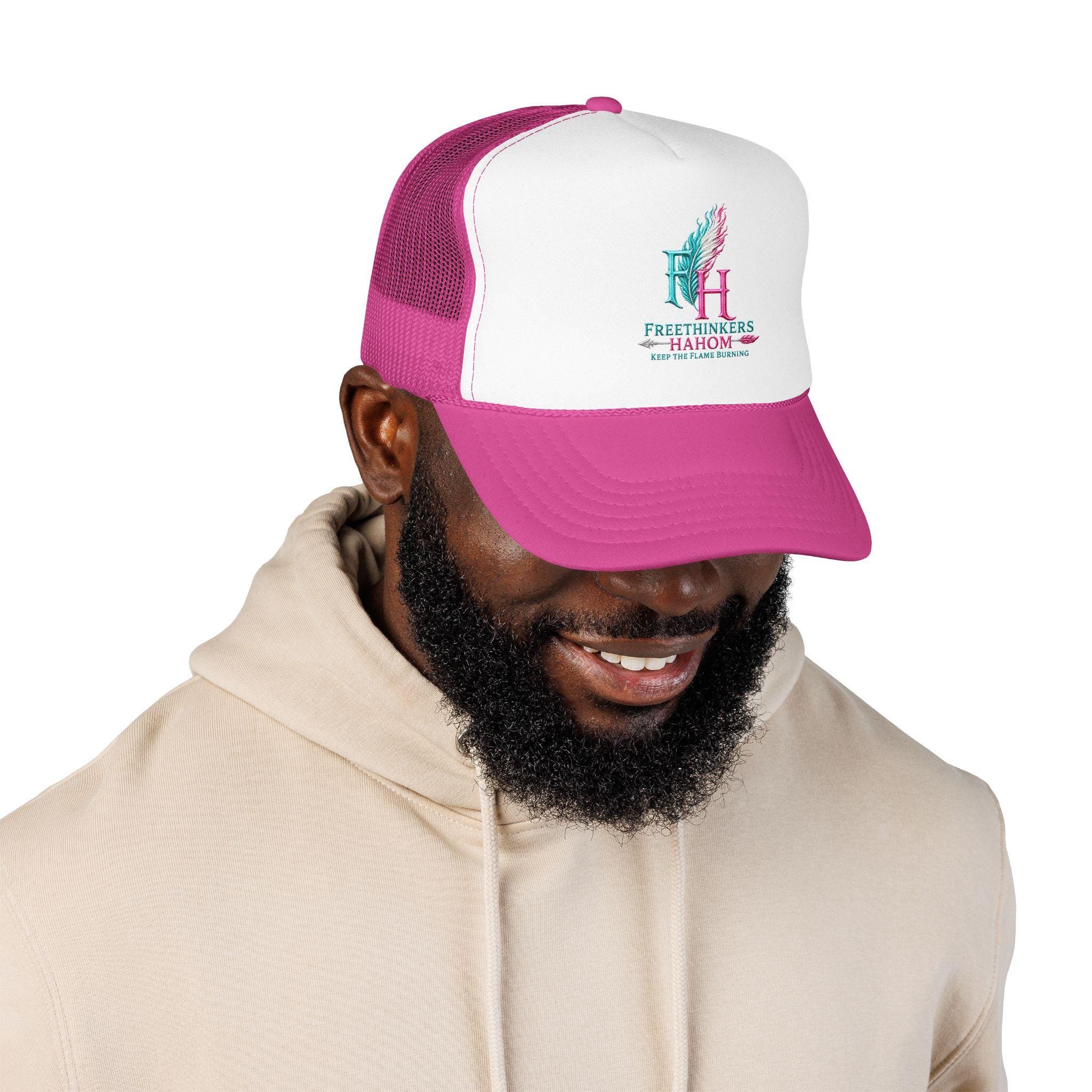 FreeThinkers HAHOM Feather Flame Logo Foam Trucker Hat | Pink White Mesh, view 3