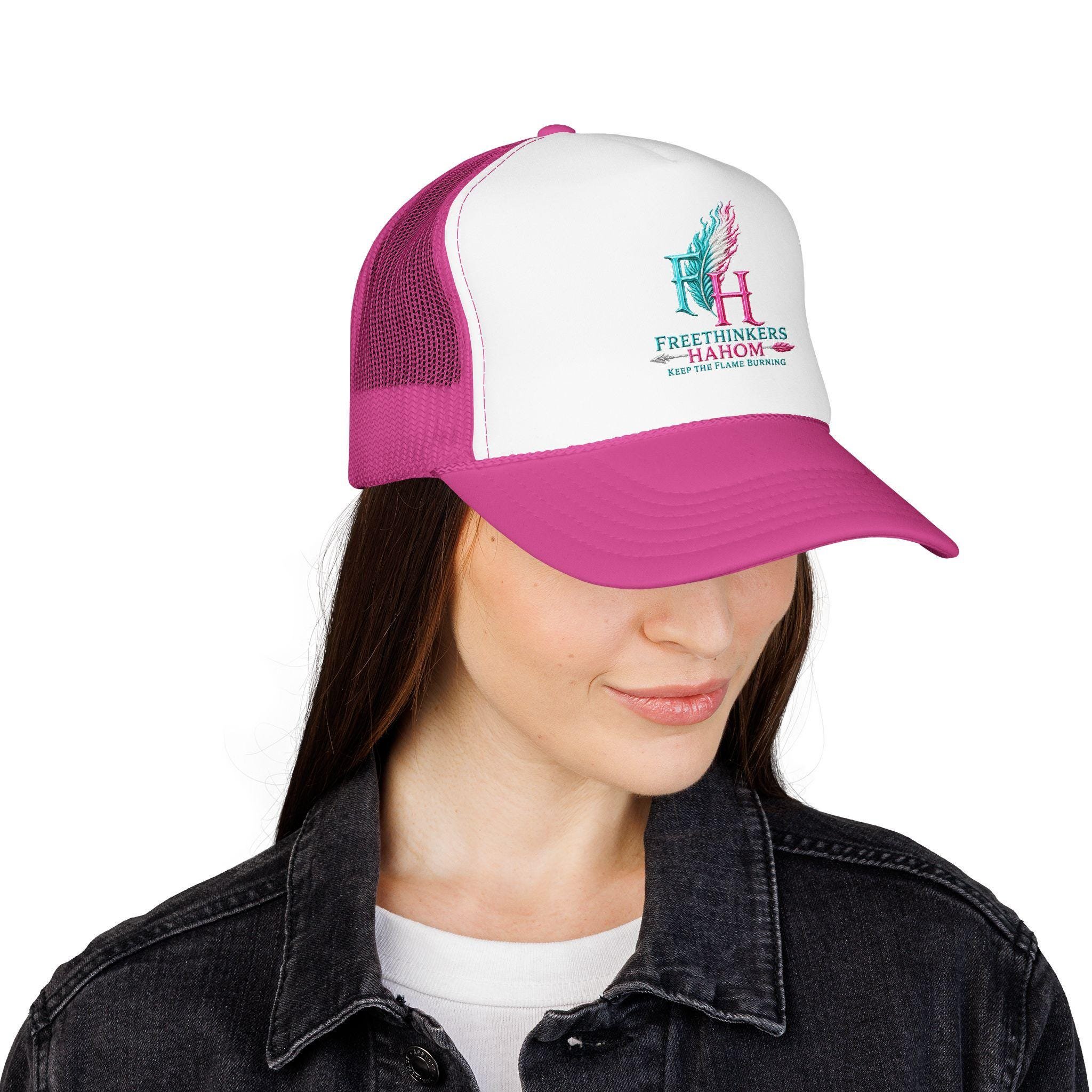 FreeThinkers HAHOM Feather Flame Logo Foam Trucker Hat | Pink White Mesh, view 4