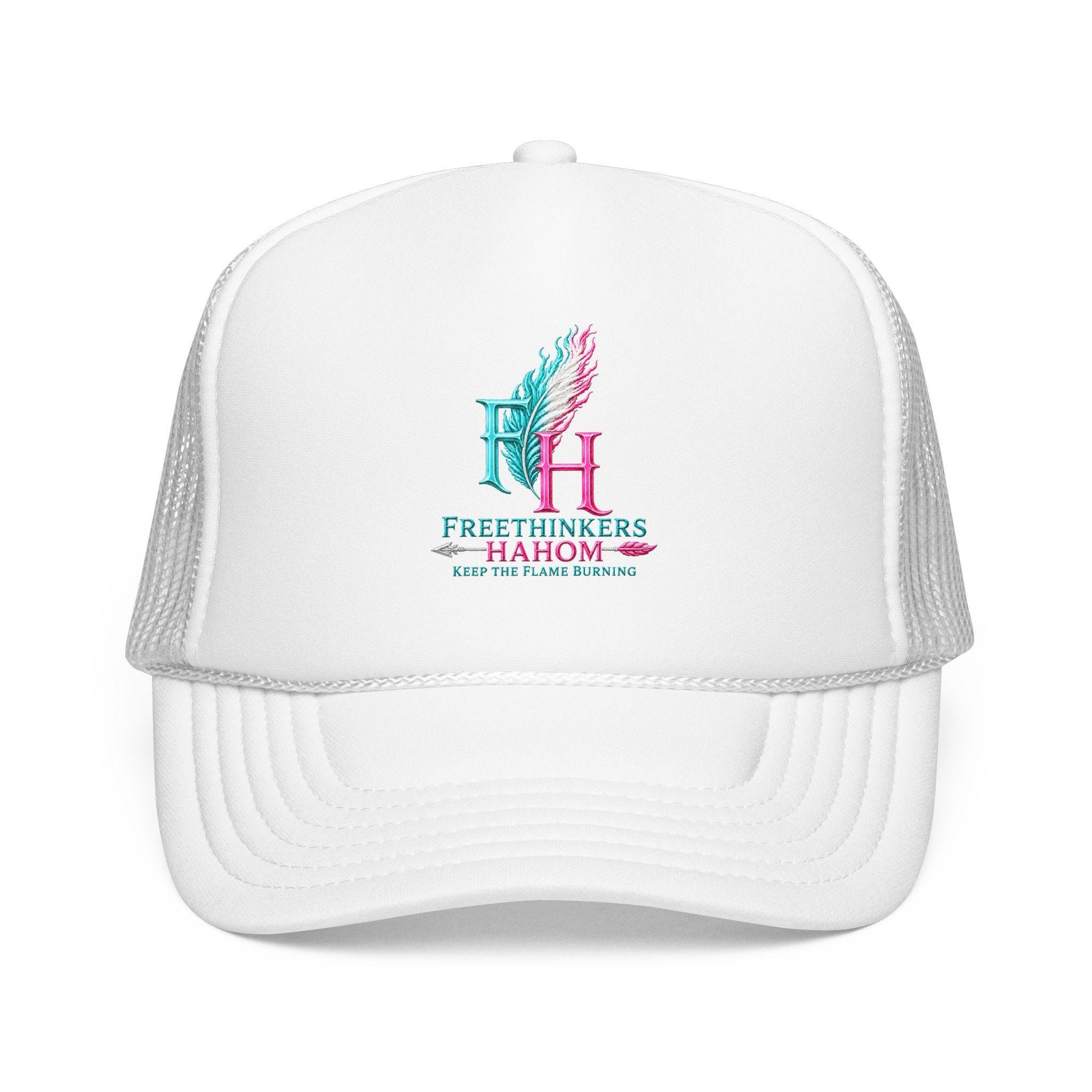FreeThinkers HAHOM Feather Flame Logo Foam Trucker Hat | Pink White Mesh, view 7