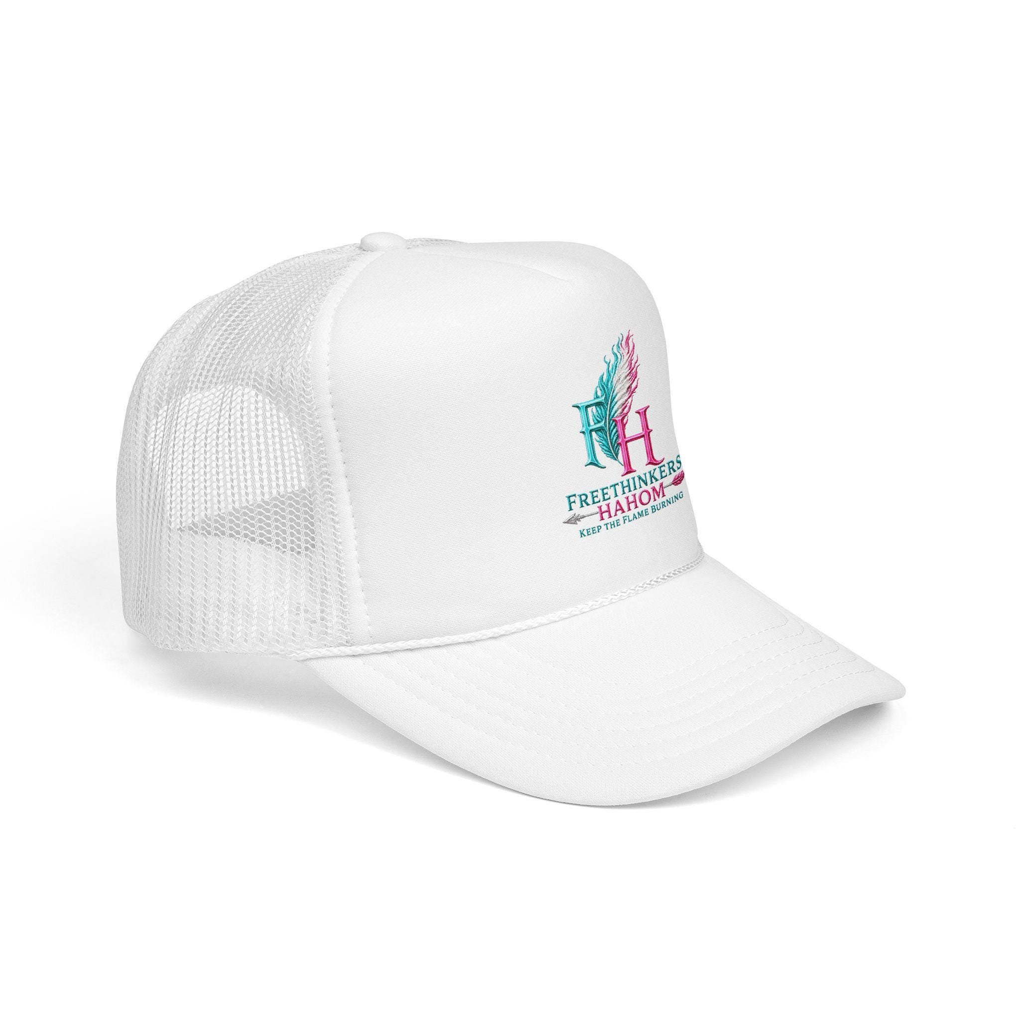 FreeThinkers HAHOM Feather Flame Logo Foam Trucker Hat | Pink White Mesh, view 8
