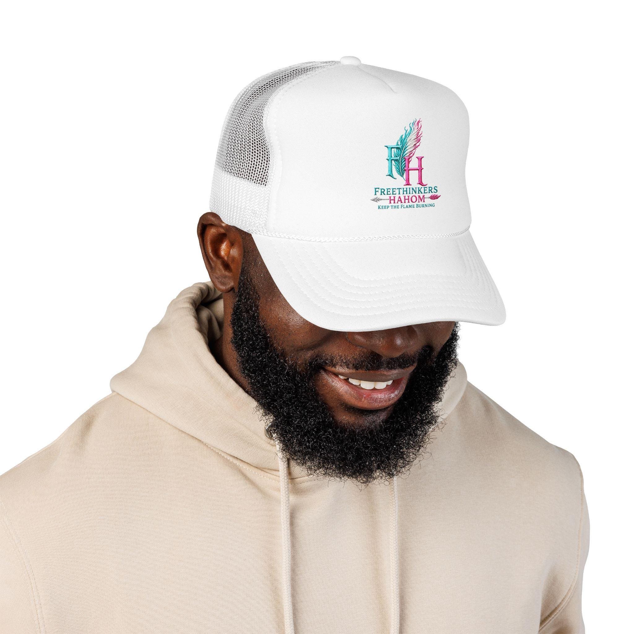 FreeThinkers HAHOM Feather Flame Logo Foam Trucker Hat | Pink White Mesh, view 9