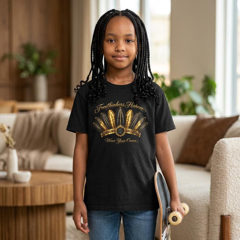 Feather Crown Tee children Yellow sunflower feathers hand-lettered script