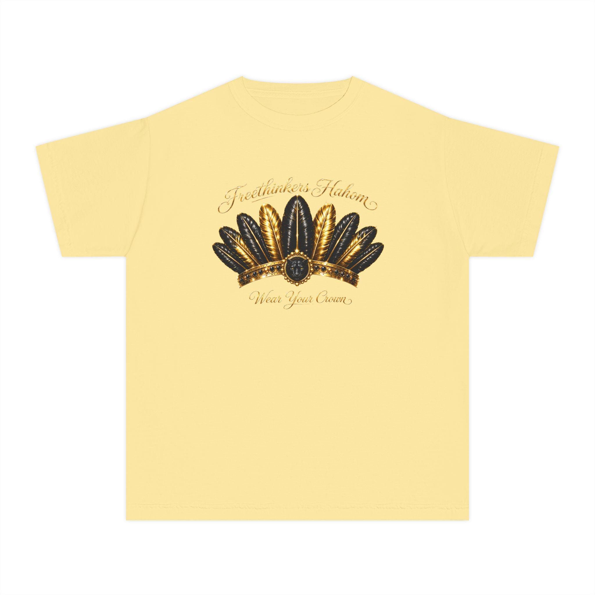 Feather Crown Tee children Yellow sunflower feathers hand-lettered script, view 2