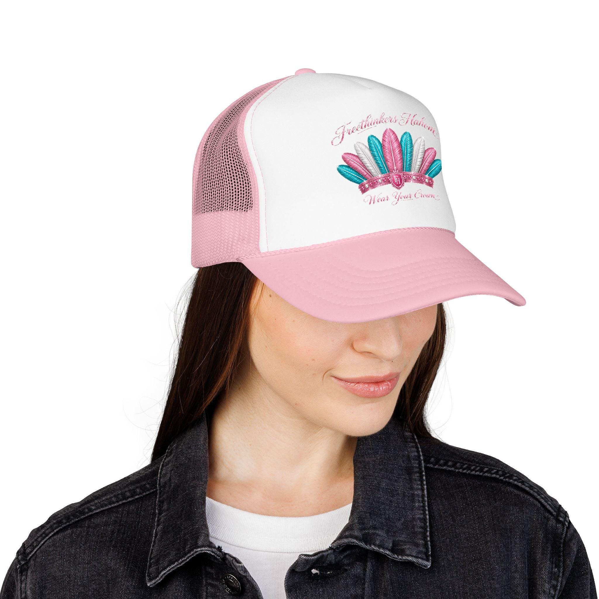 Feather Crown Foam Trucker Hat | Pink glitter feathers, embroidered style
