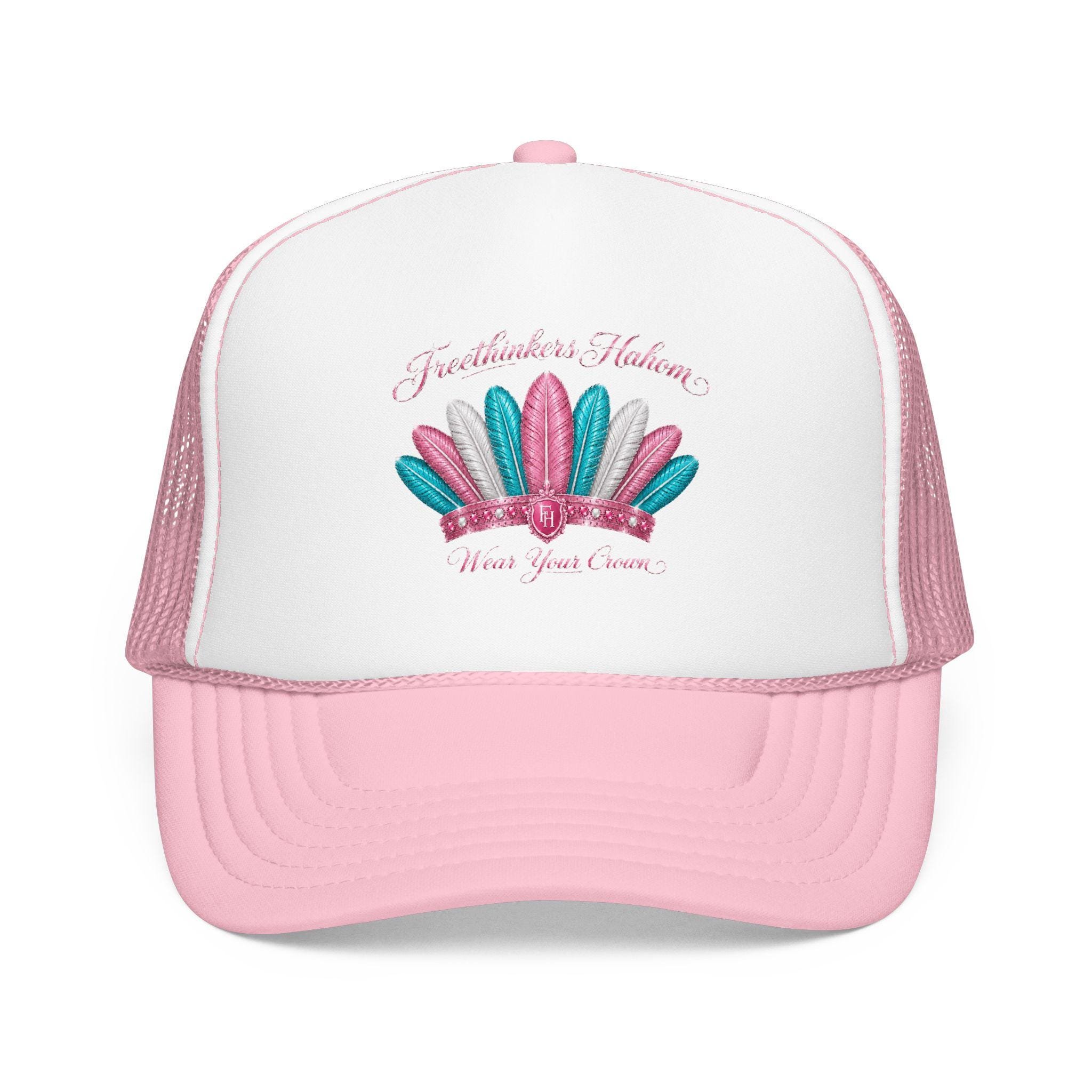 Feather Crown Foam Trucker Hat | Pink glitter feathers, embroidered style, view 2