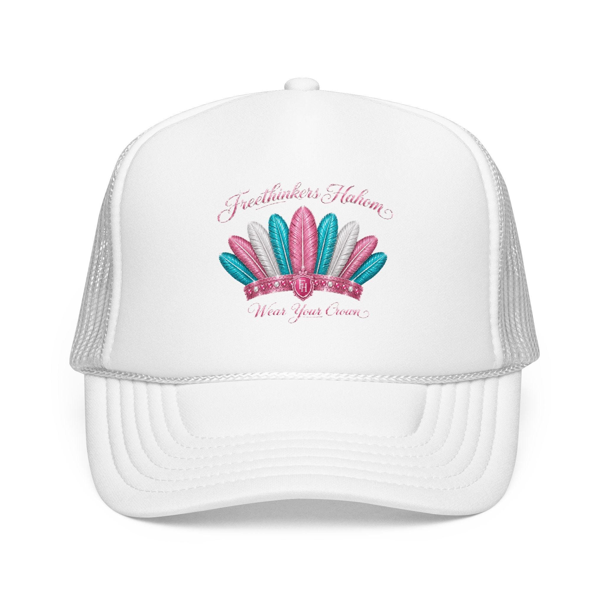 Feather Crown Foam Trucker Hat | Pink glitter feathers, embroidered style, view 3