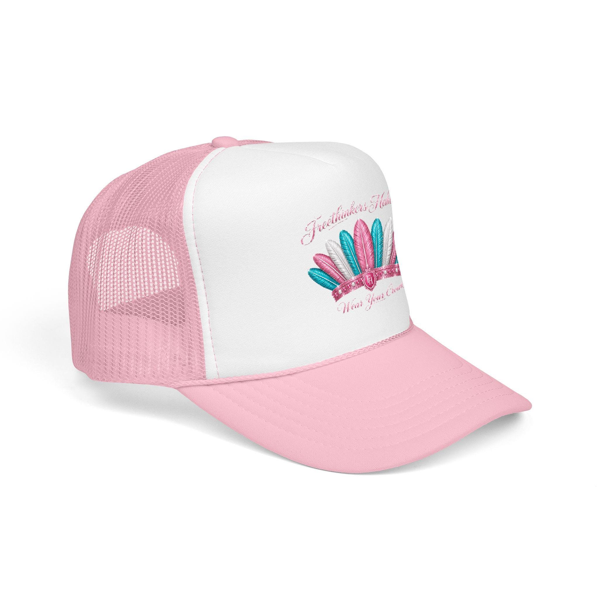 Feather Crown Foam Trucker Hat | Pink glitter feathers, embroidered style, view 4
