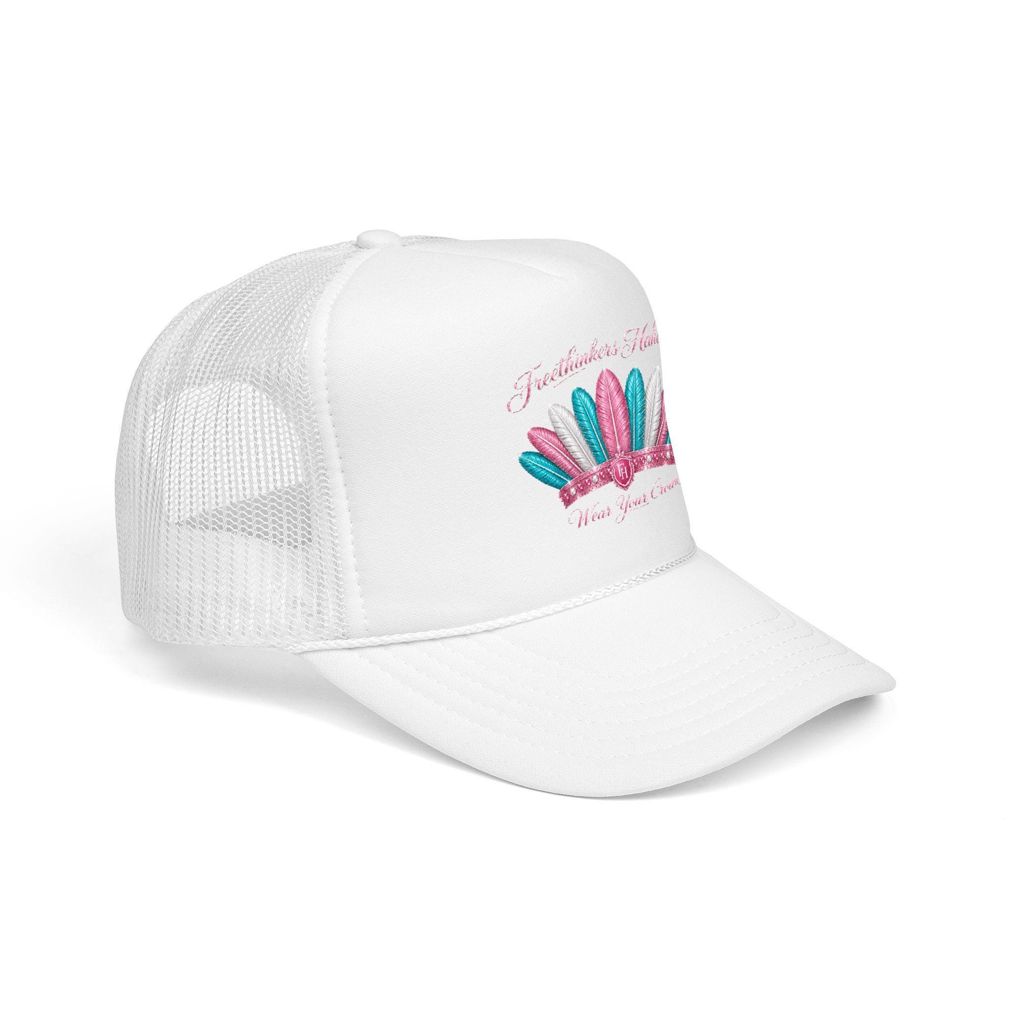 Feather Crown Foam Trucker Hat | Pink glitter feathers, embroidered style, view 5