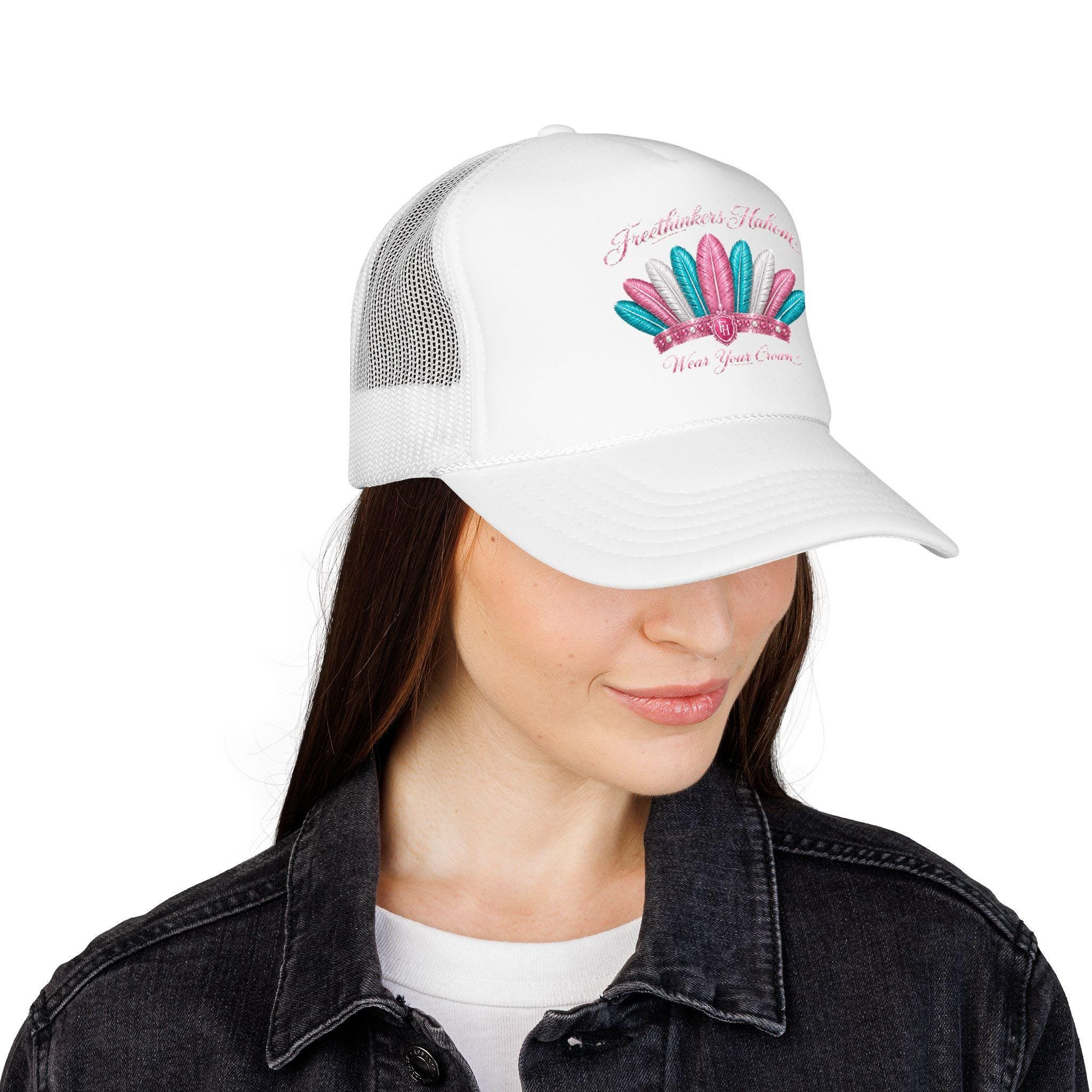 Feather Crown Foam Trucker Hat | Pink glitter feathers, embroidered style, view 6