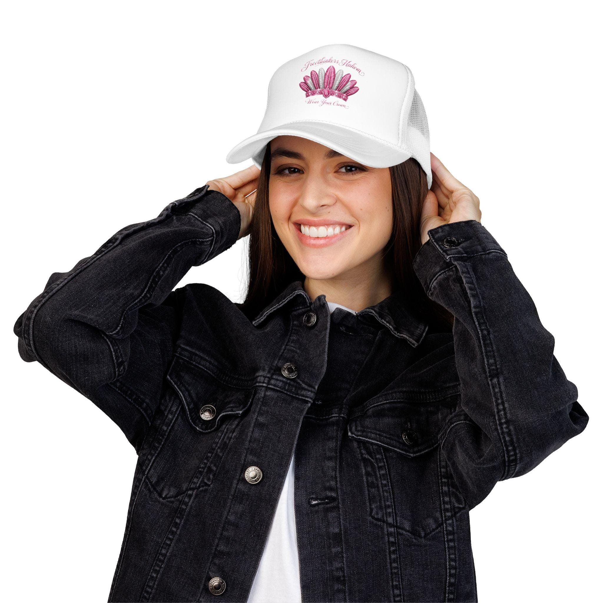 Pink Feather Crown Foam Trucker Hat, view 13