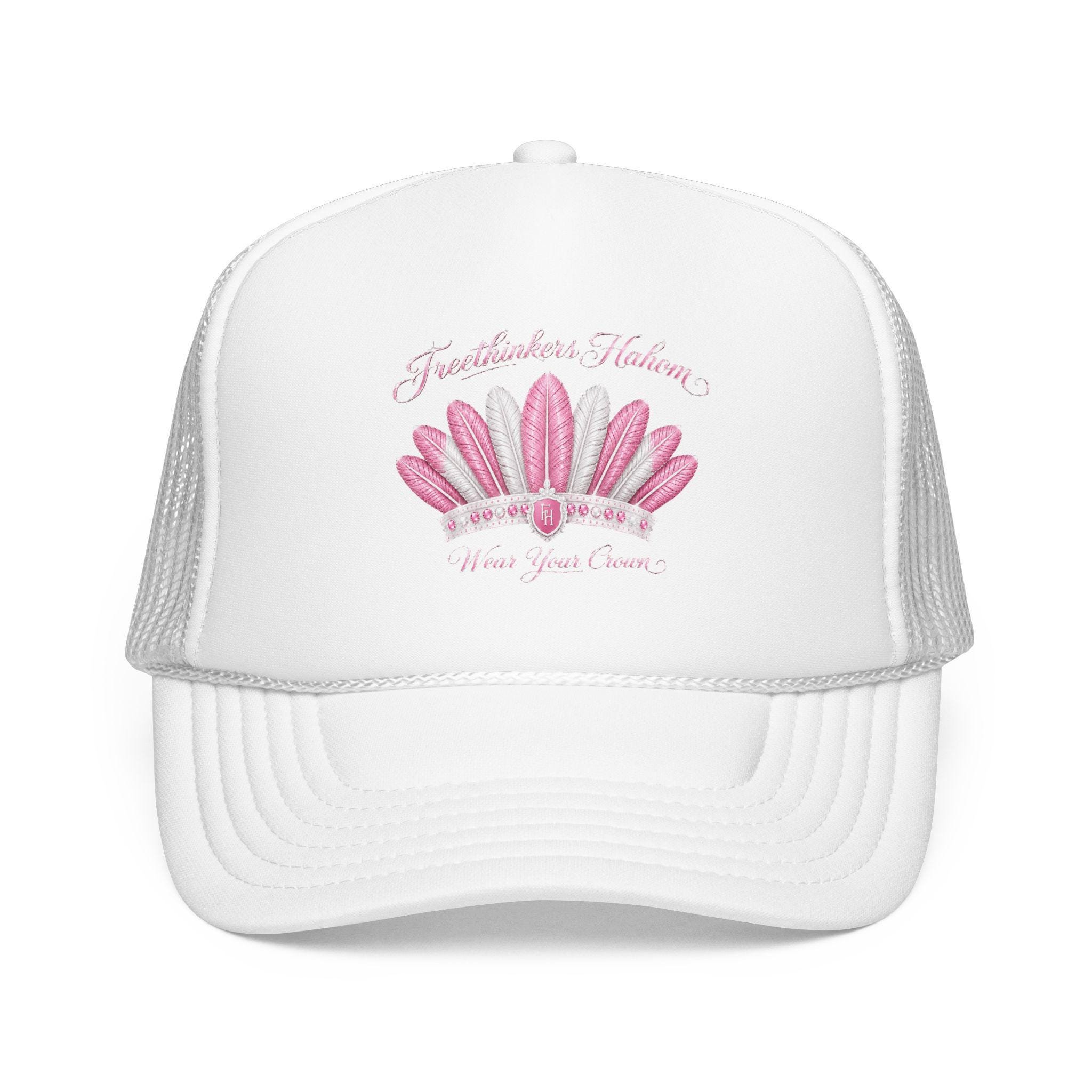 Pink Feather Crown Foam Trucker Hat Logo, view 2