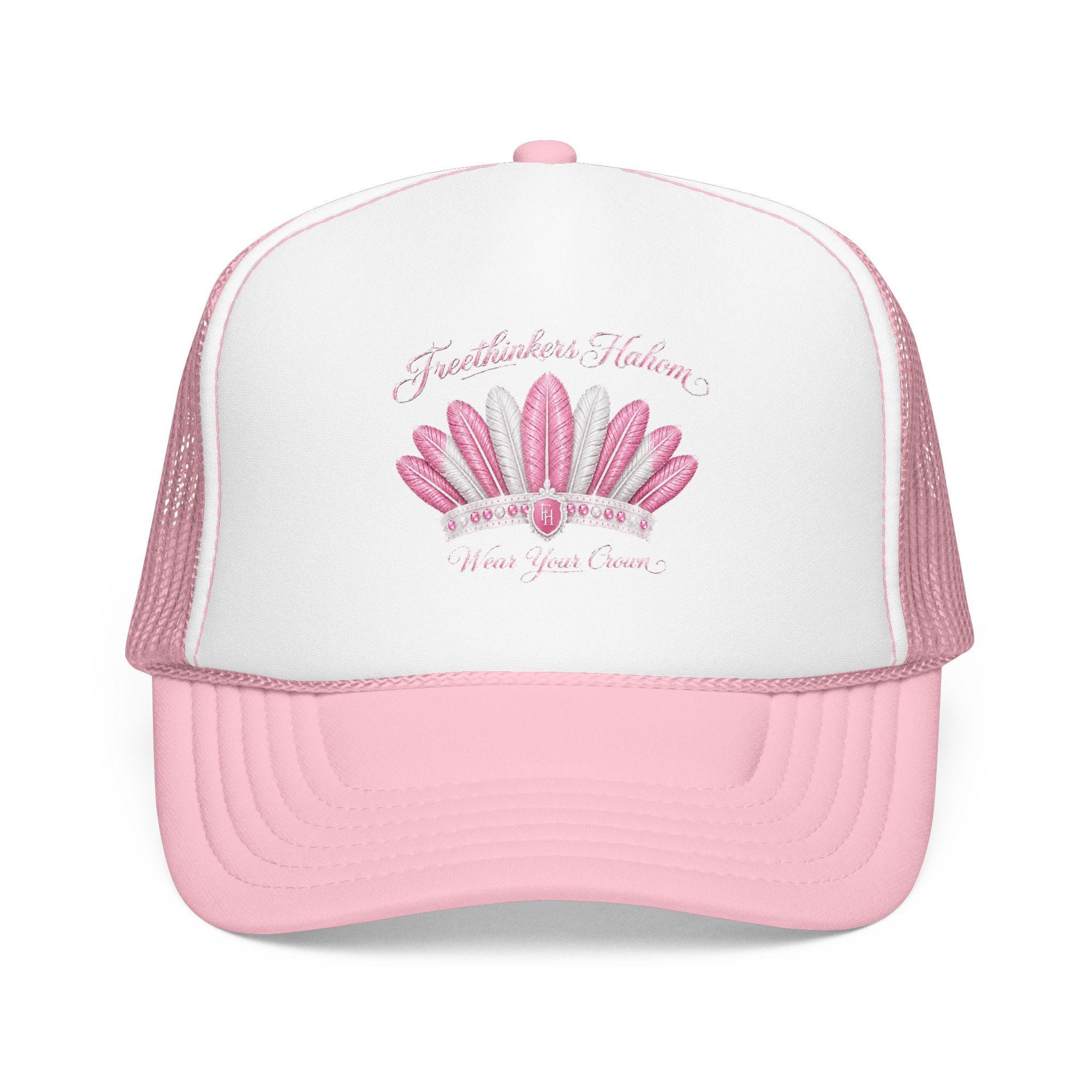 Pink Feather Crown Foam Trucker Hat Logo, view 3
