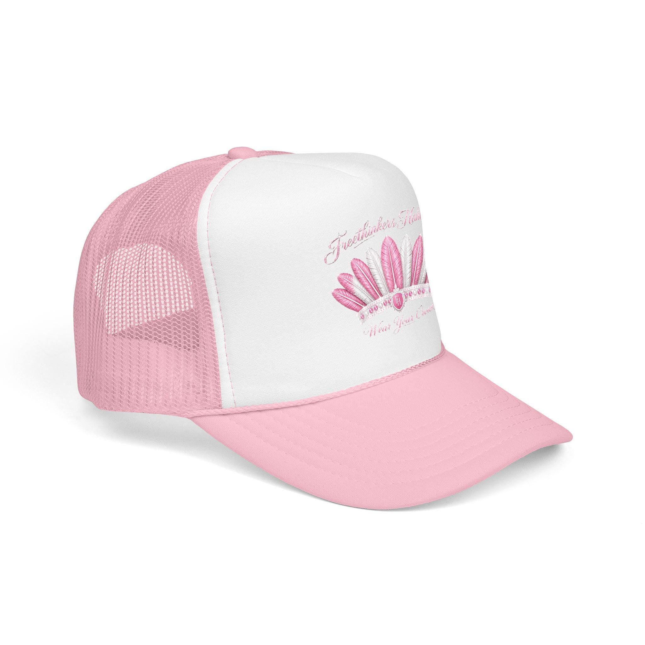 Pink Feather Crown Foam Trucker Hat Logo, view 4