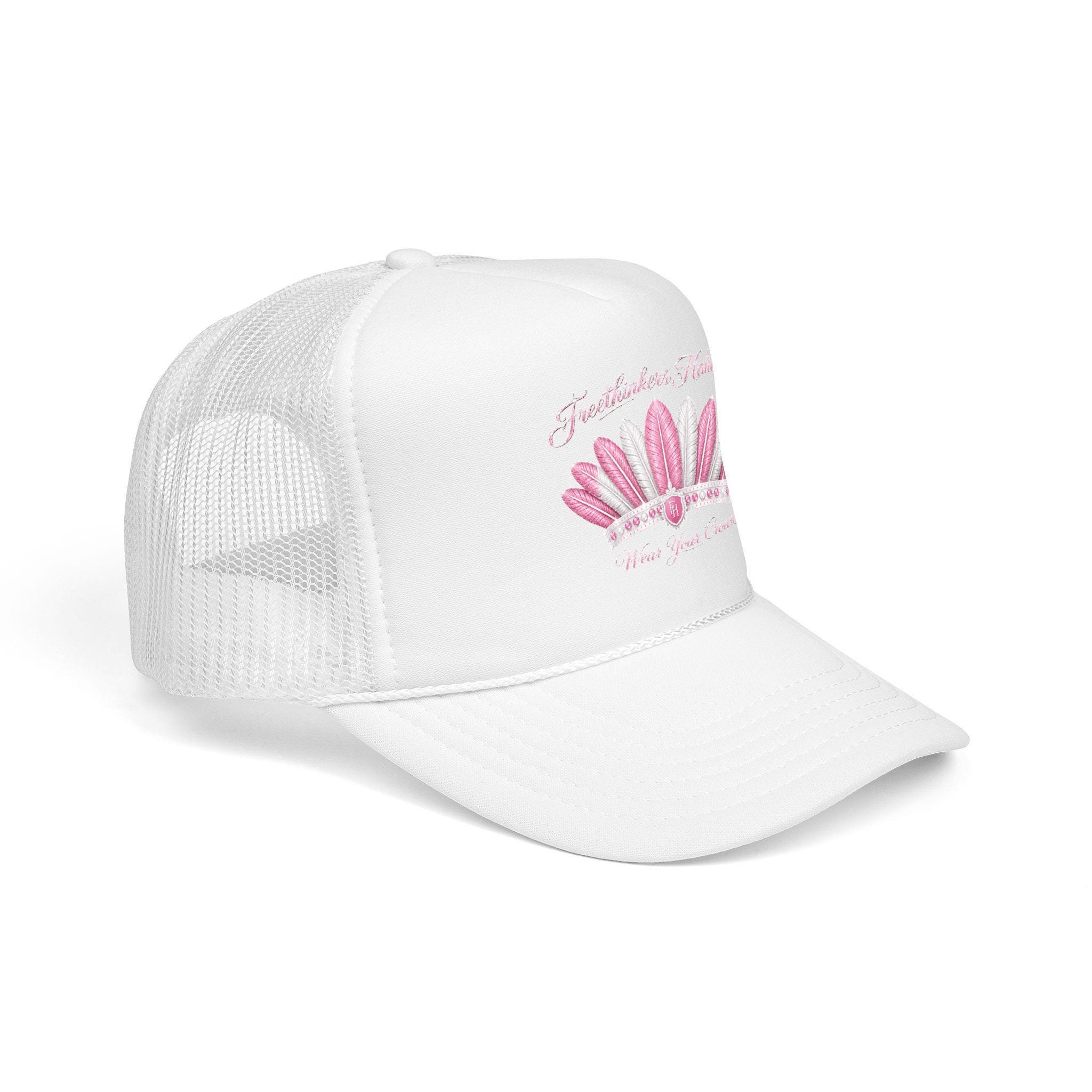 Pink Feather Crown Foam Trucker Hat Logo, view 5