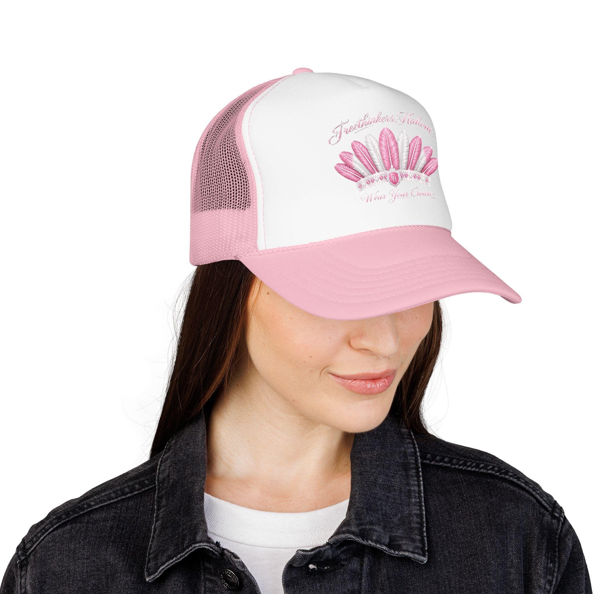 Pink Feather Crown Foam Trucker Hat Logo, view 6
