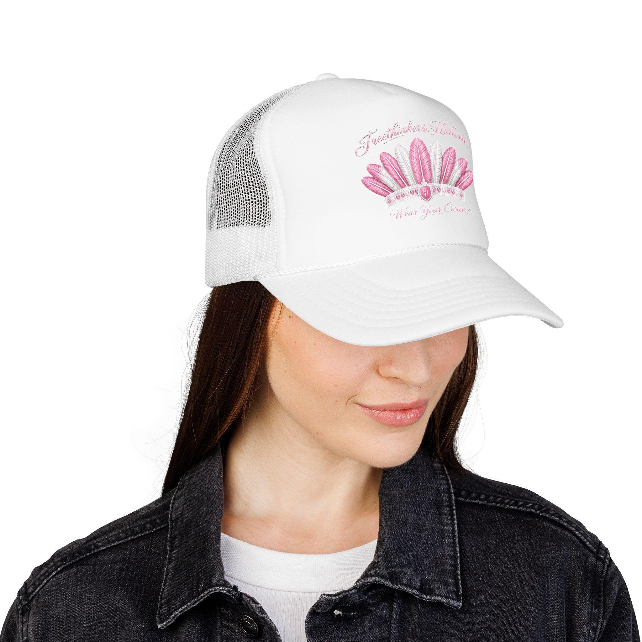 Pink Feather Crown Foam Trucker Hat Logo, view 7