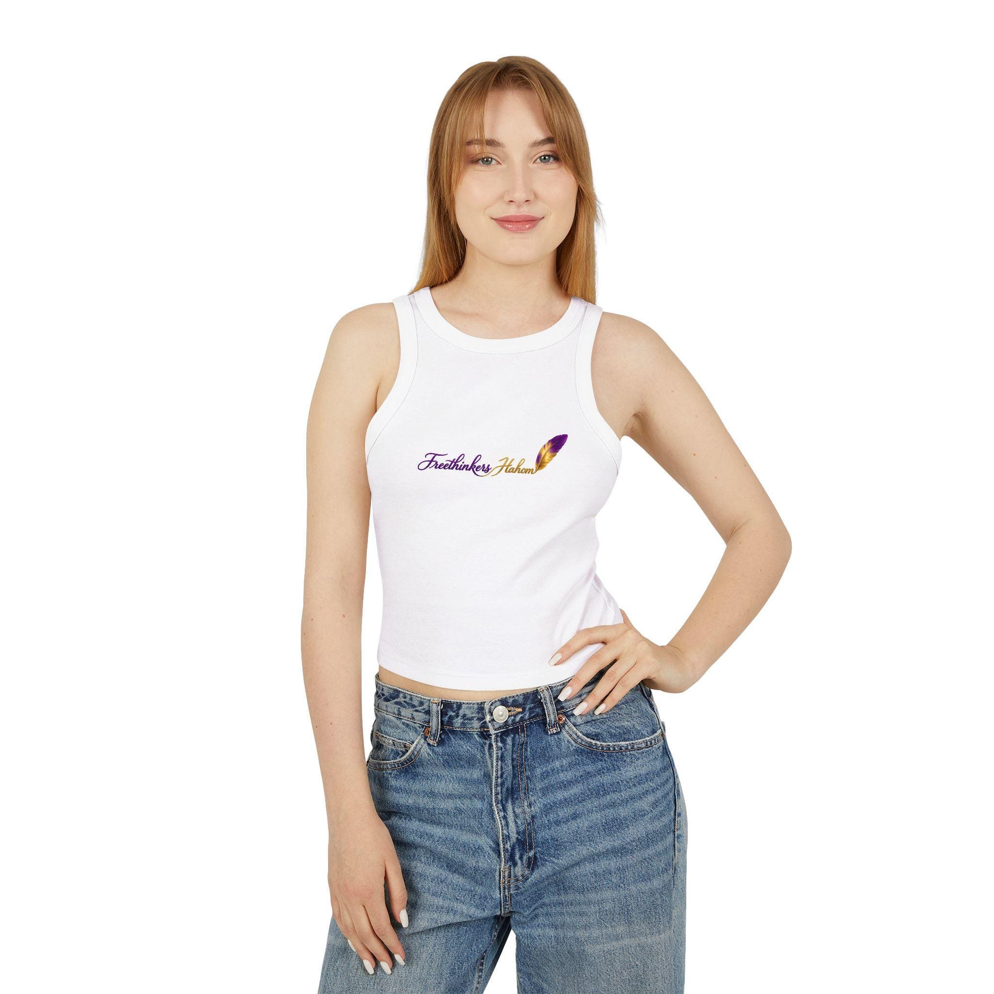 Women's Micro Rib Racer Tank Freethinkers Hahom Script Logo Tank, view 3