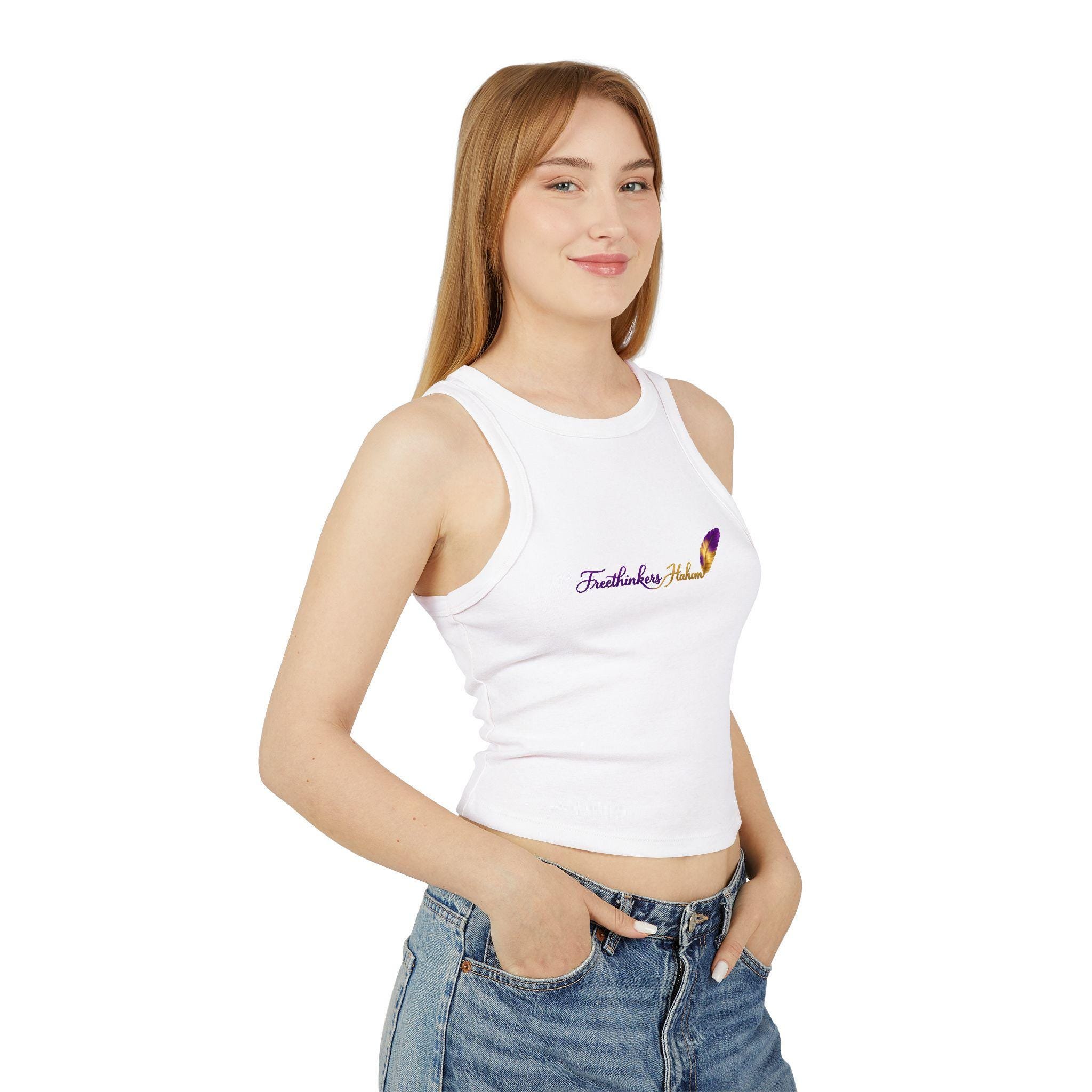 Women's Micro Rib Racer Tank Freethinkers Hahom Script Logo Tank, view 4